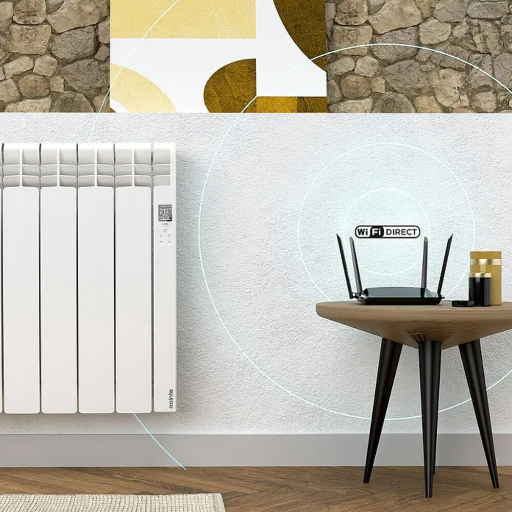 Un radiador blanco y un router Wi-Fi en una mesa con círculos concéntricos indicando la señal.