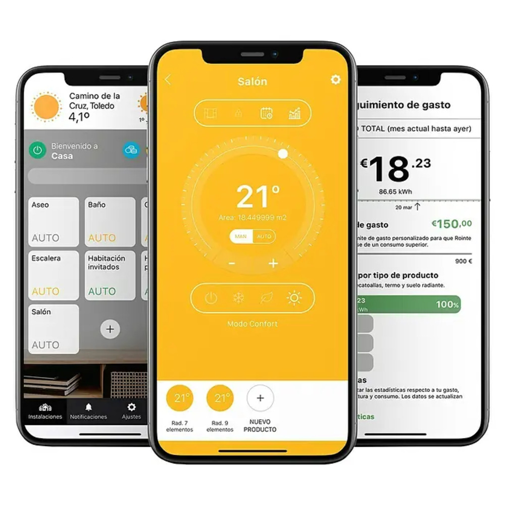 Tres smartphones muestran una app de hogar inteligente con datos de temp. y consumo.