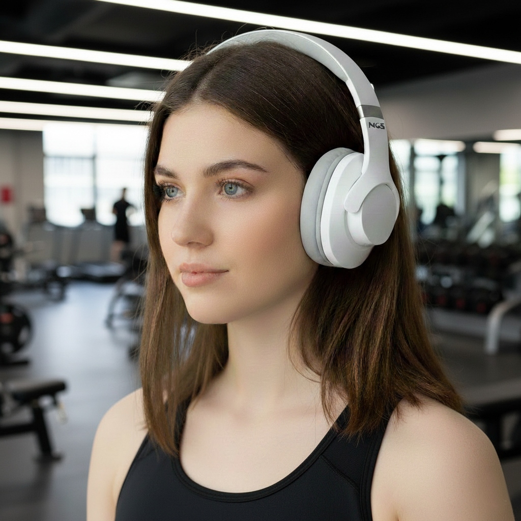 Una giovane donna con occhi azzurri e capelli castani indossa cuffie bianche in palestra.