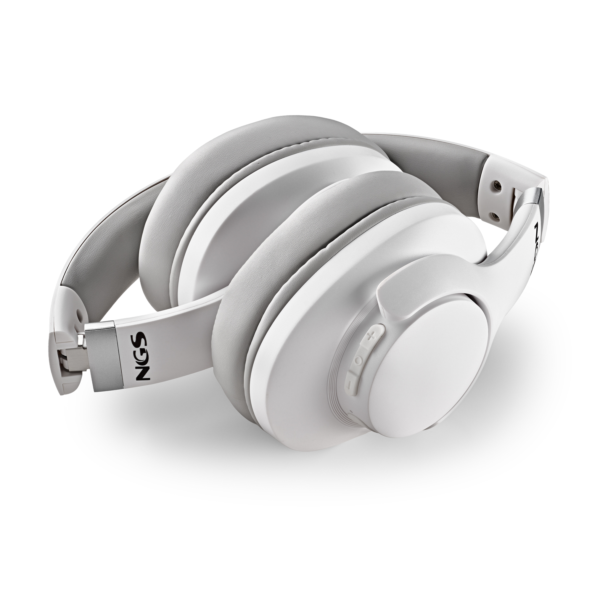 Cuffie bianche e grigie con logo NGS, su sfondo bianco.