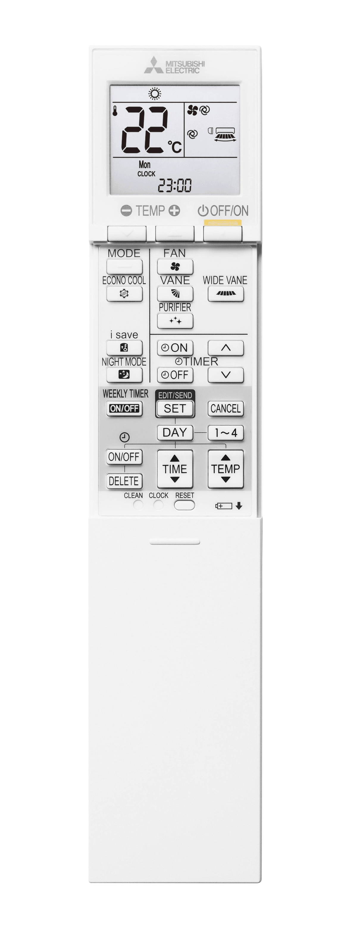 Mando a distancia blanco Mitsubishi Electric muestra 22°C, Lunes, 23:00, con varios botones de modo.