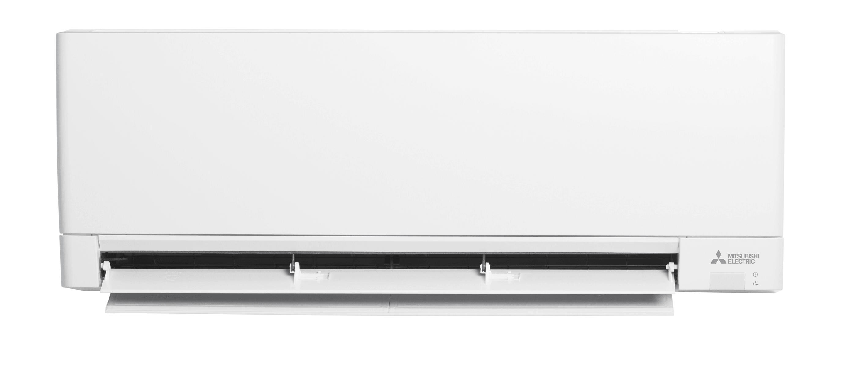 Un aire acondicionado blanco Mitsubishi Electric con rejillas abiertas y controles.