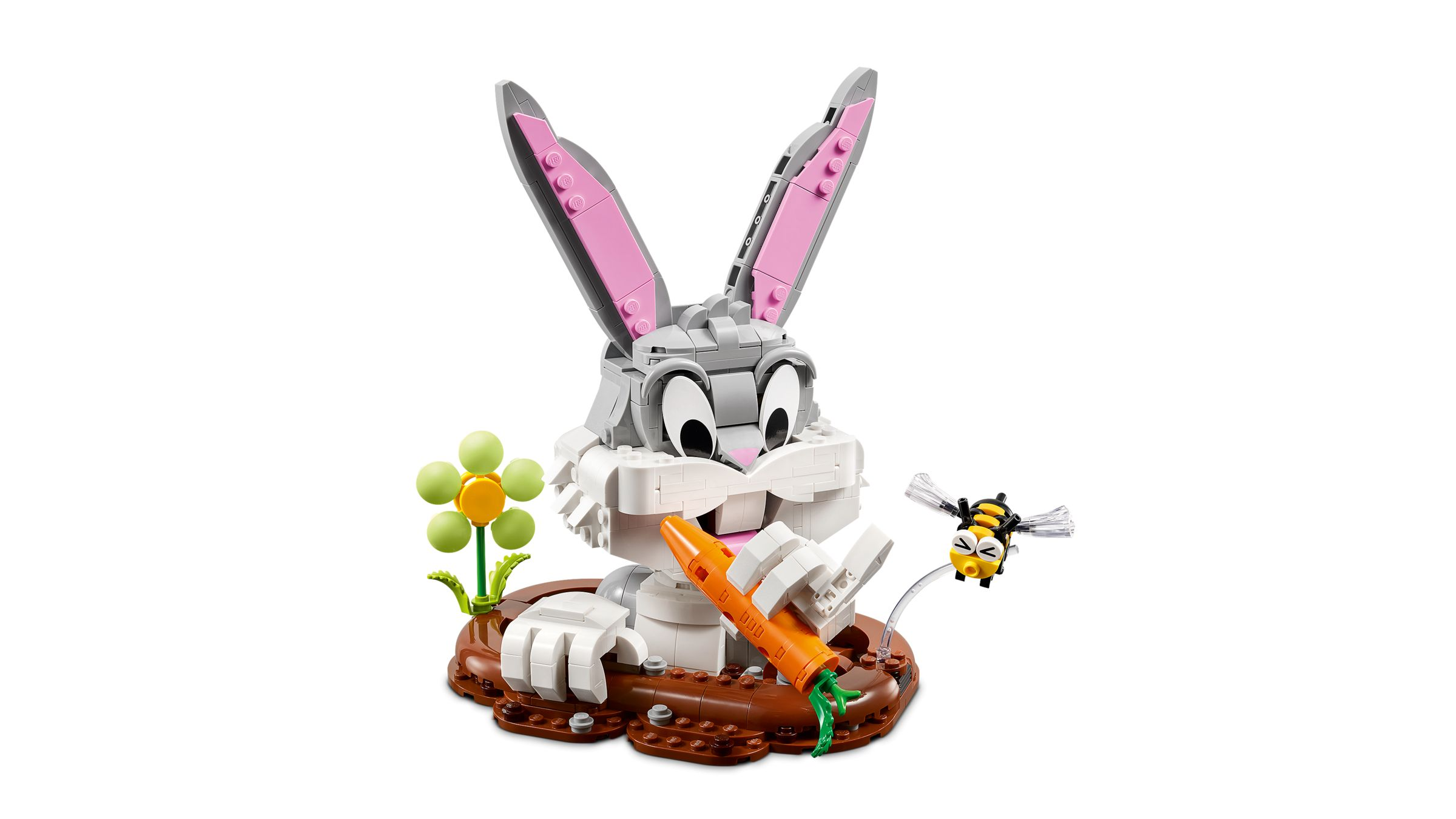 Havuç, çiçek ve arı ile Lego Bugs Bunny modeli.