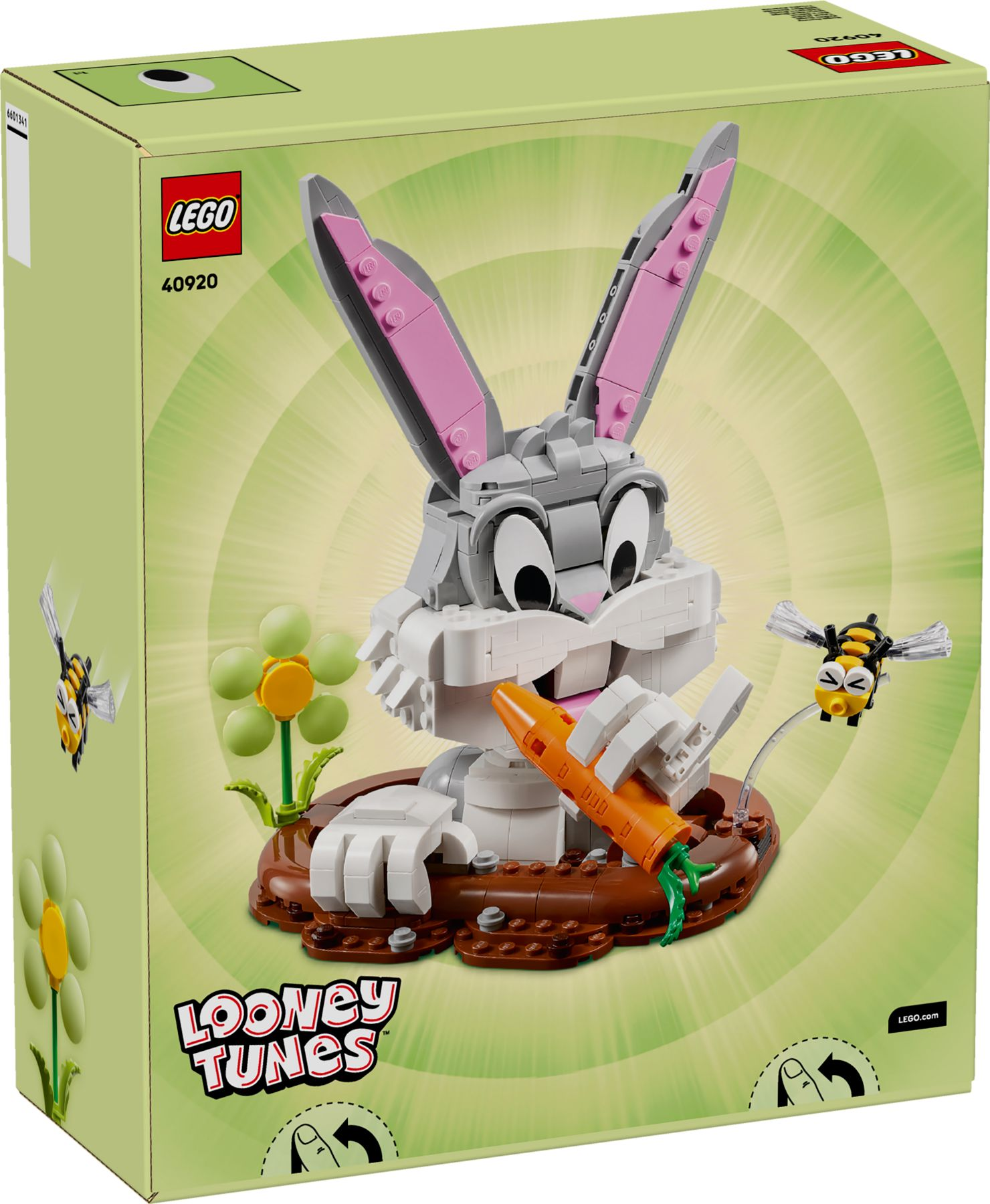 LEGO Bugs Bunny havuç ve arılarla yeşil arka planda.