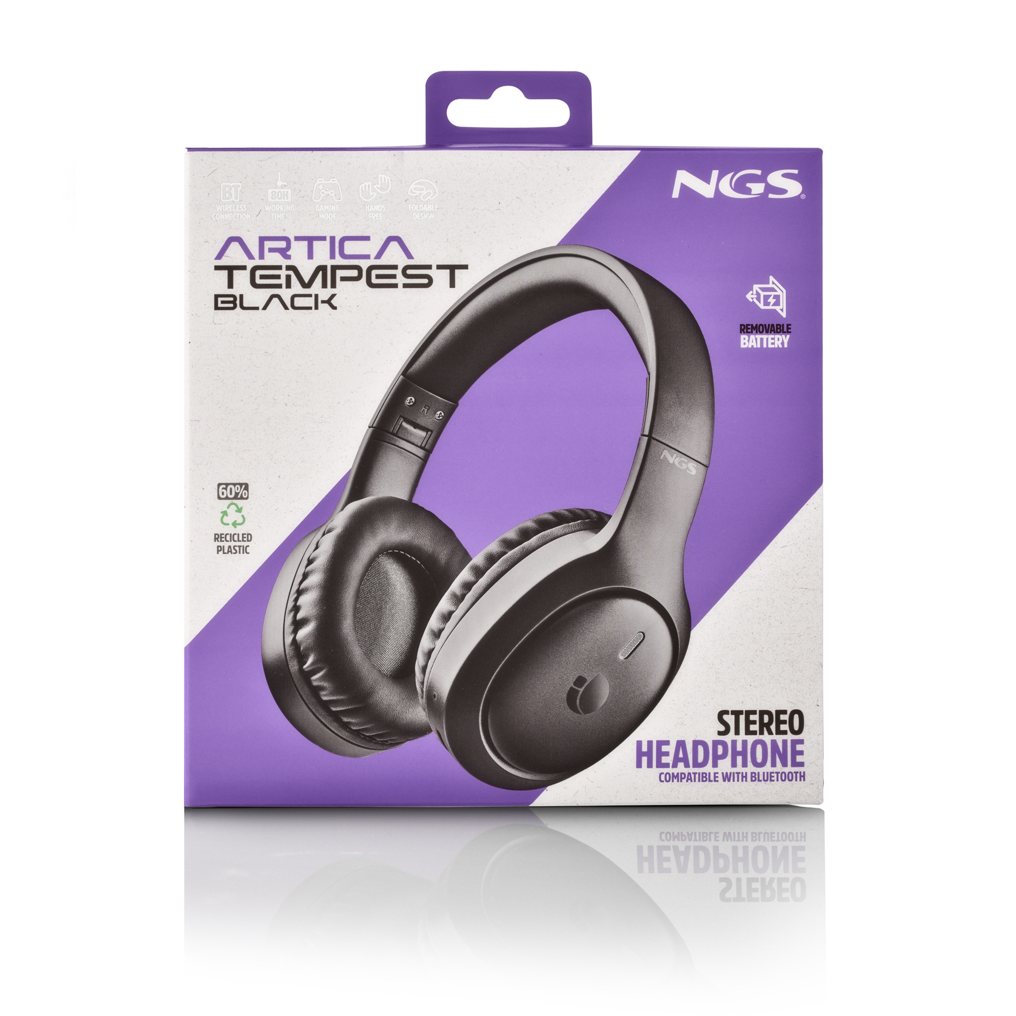Cuffie NGS Artica Tempest nere con batteria rimovibile, su scatola viola.