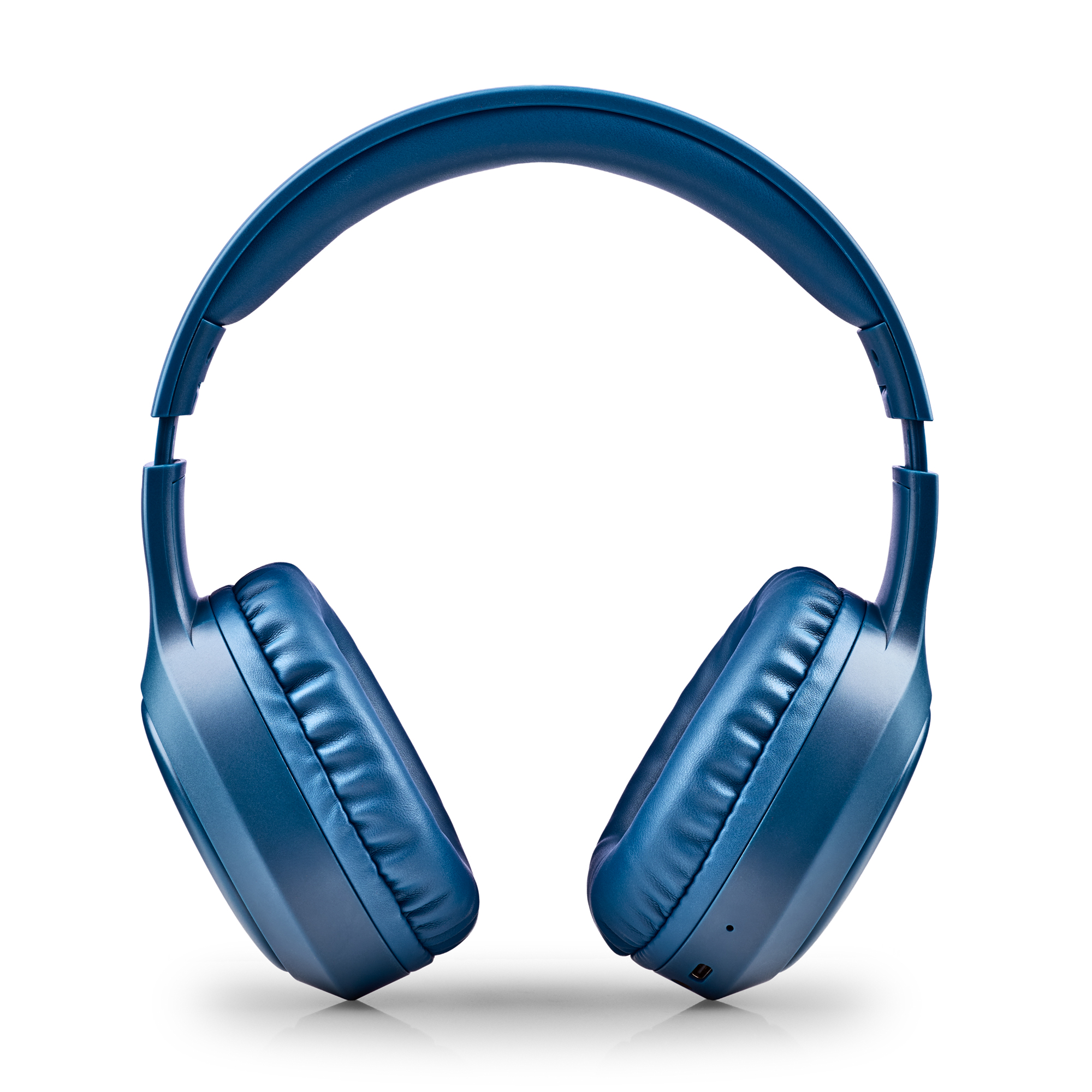 Cuffie wireless blu con padiglioni imbottiti e archetto regolabile.