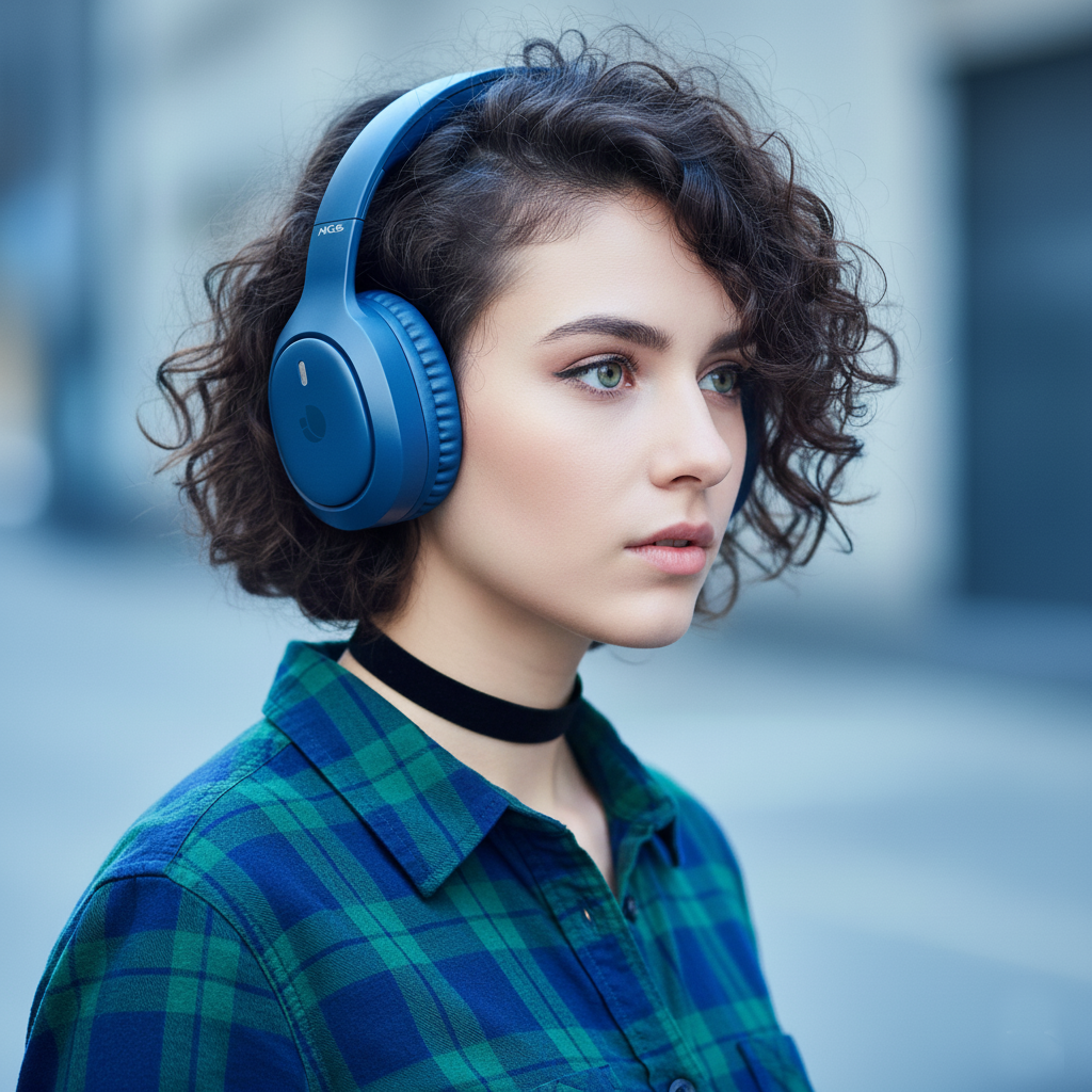 Una giovane donna con i capelli ricci indossa cuffie blu e una camicia a quadri verde e blu.