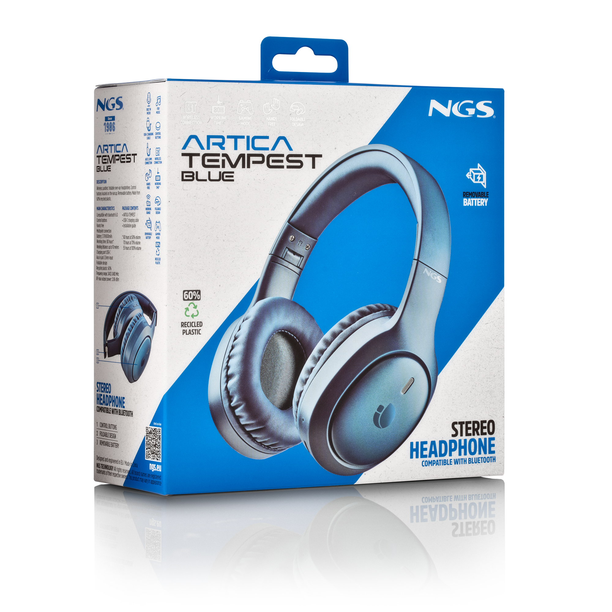 Caja de auriculares NGS Artica Tempest azules, mostrando imagen de auriculares.