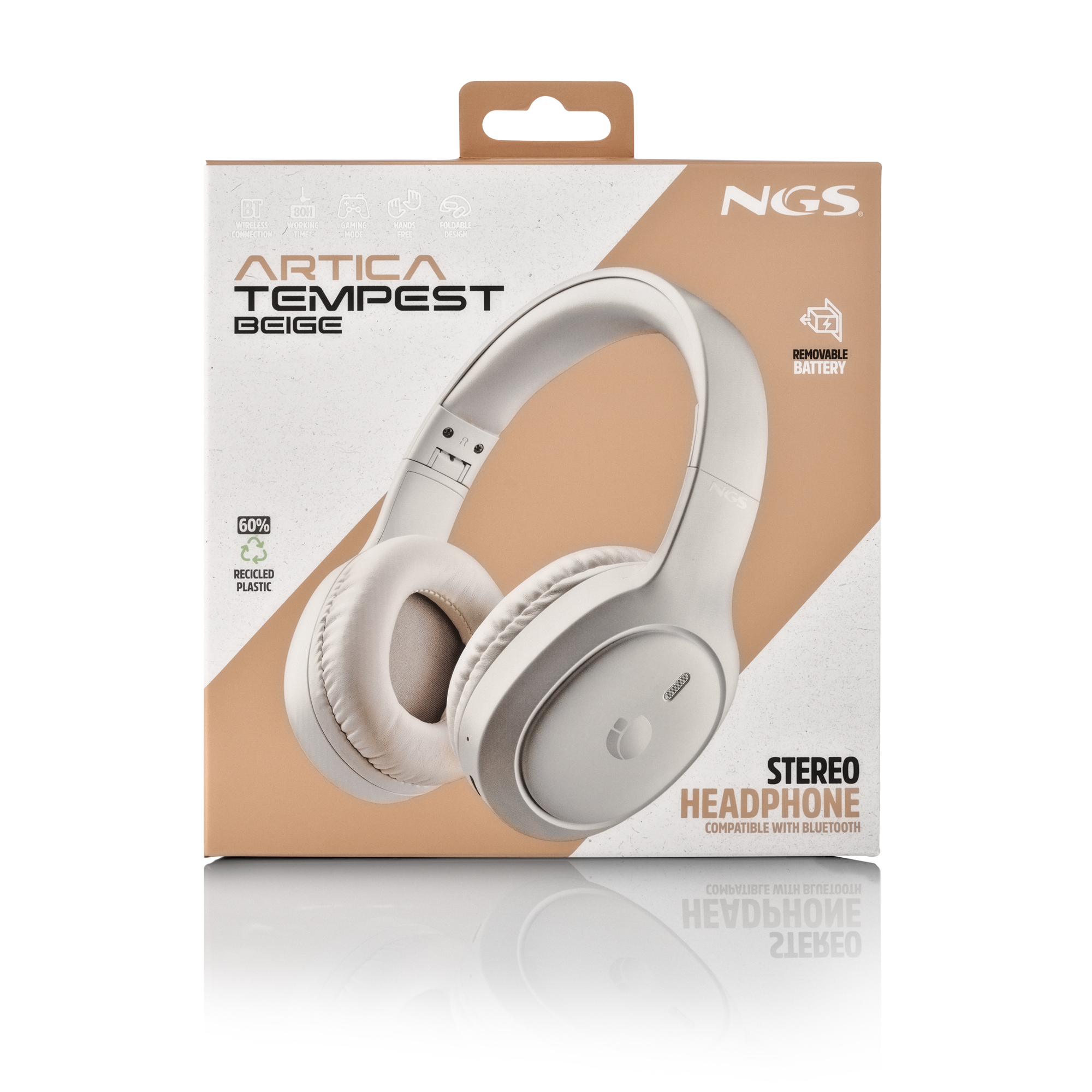 Auriculares NGS Artica Tempest beige con batería extraíble y Bluetooth.