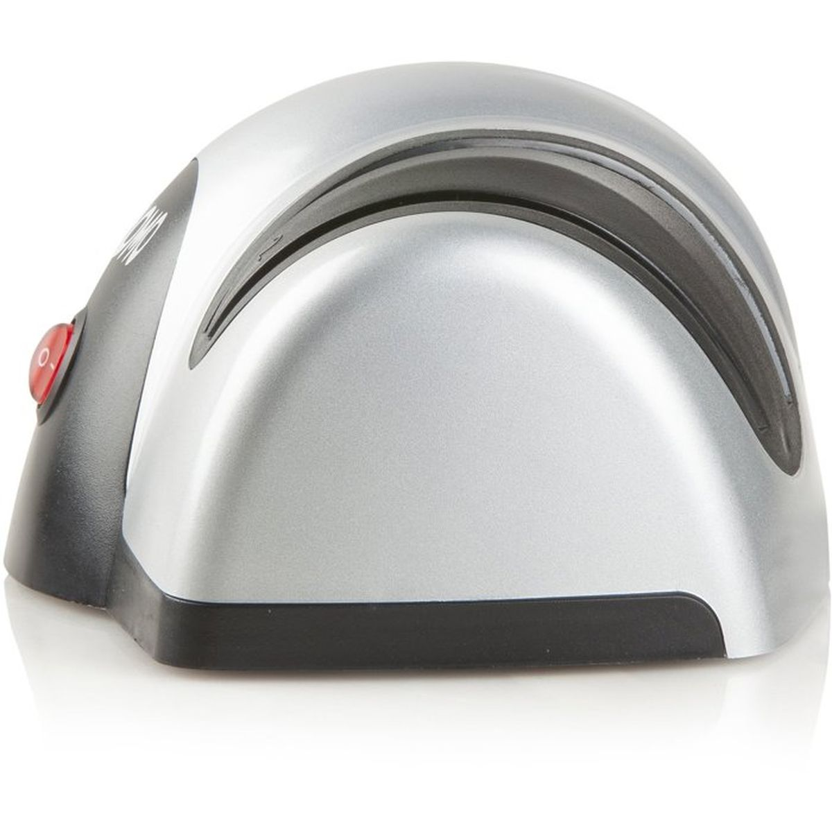 Silberner Mini-Shredder mit rotem Ein-/Ausschalter und schwarzem Sockel.