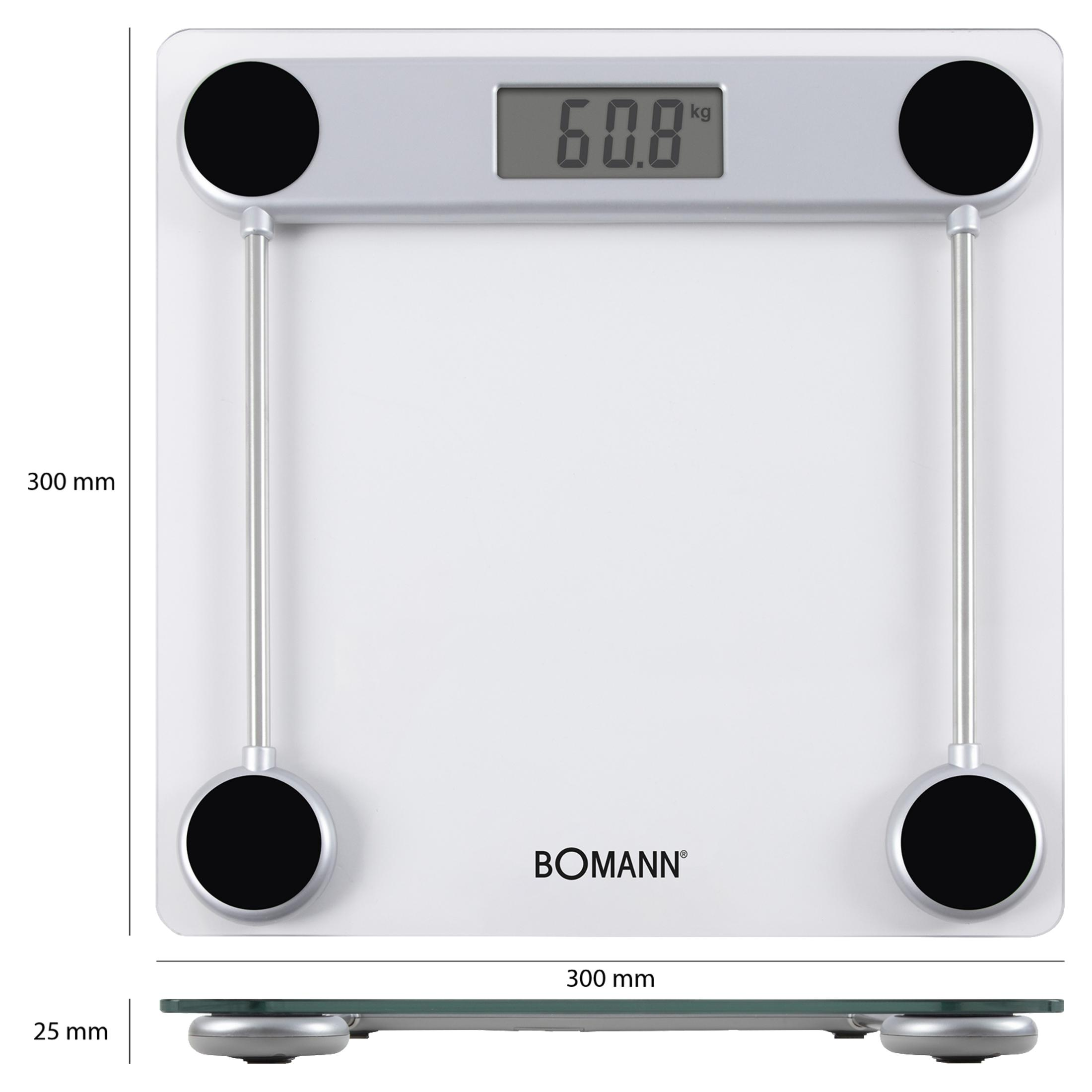 Weiße Personenwaage mit digitaler Anzeige, die 60,8 kg anzeigt.