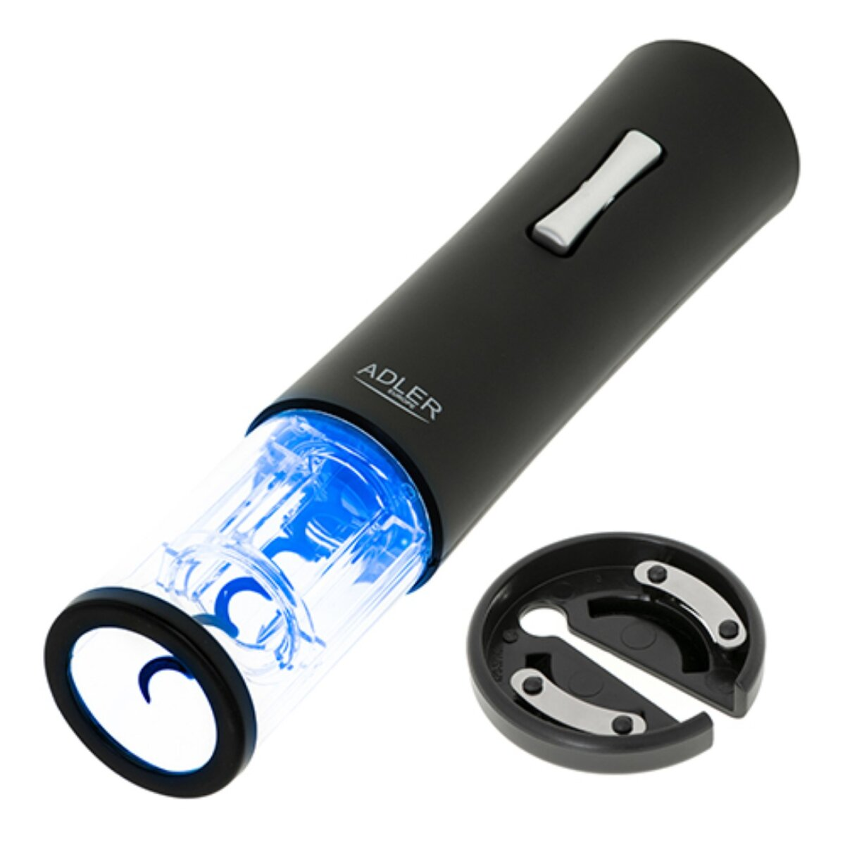 Sacacorchos eléctrico negro con luz azul y base cortadora de aluminio.