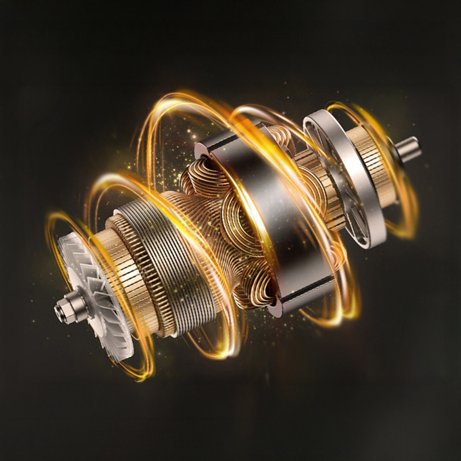 Primer plano de un turbocompresor con remolinos de energía dorada sobre fondo negro.