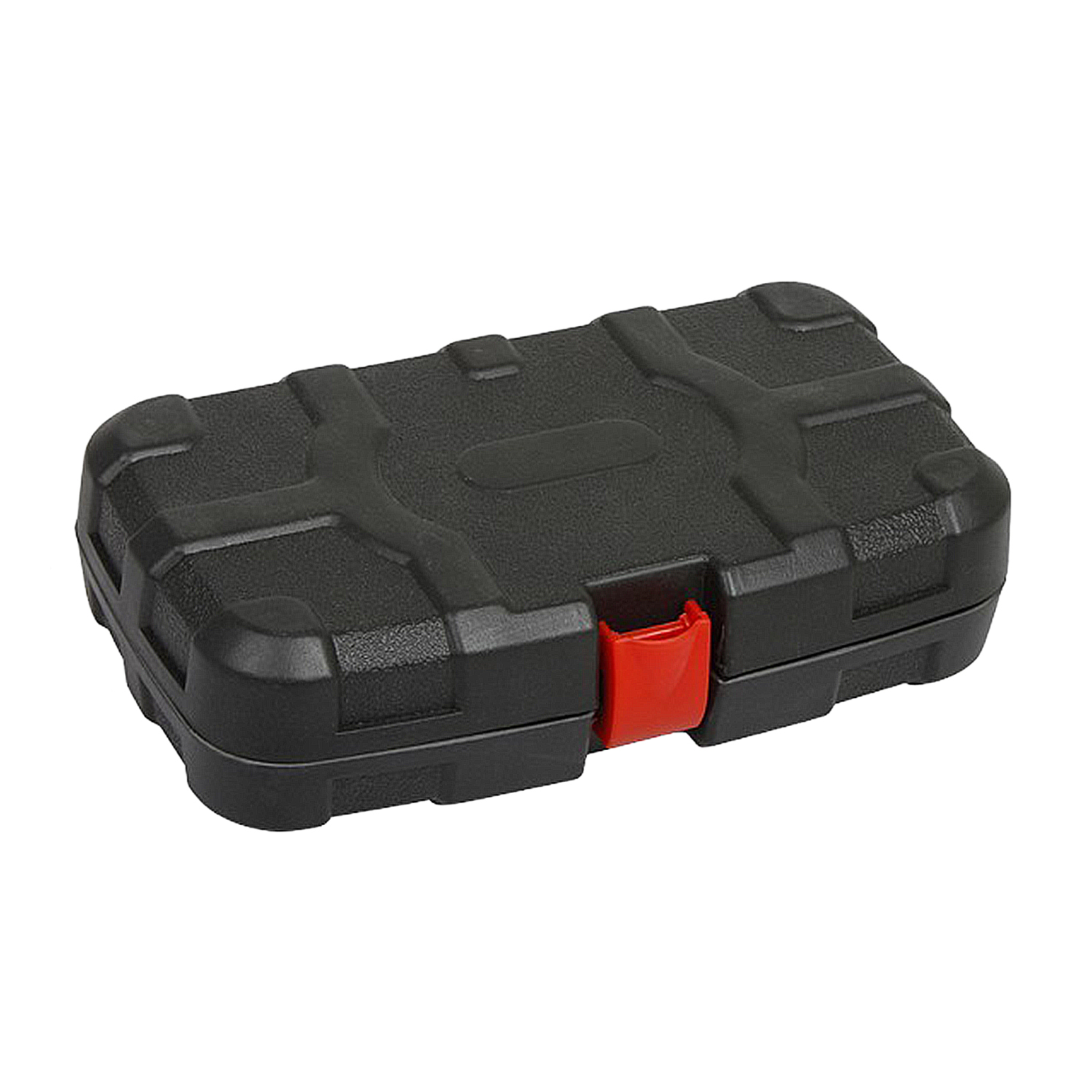 Caja de herramientas rectangular negra con cierre rojo.