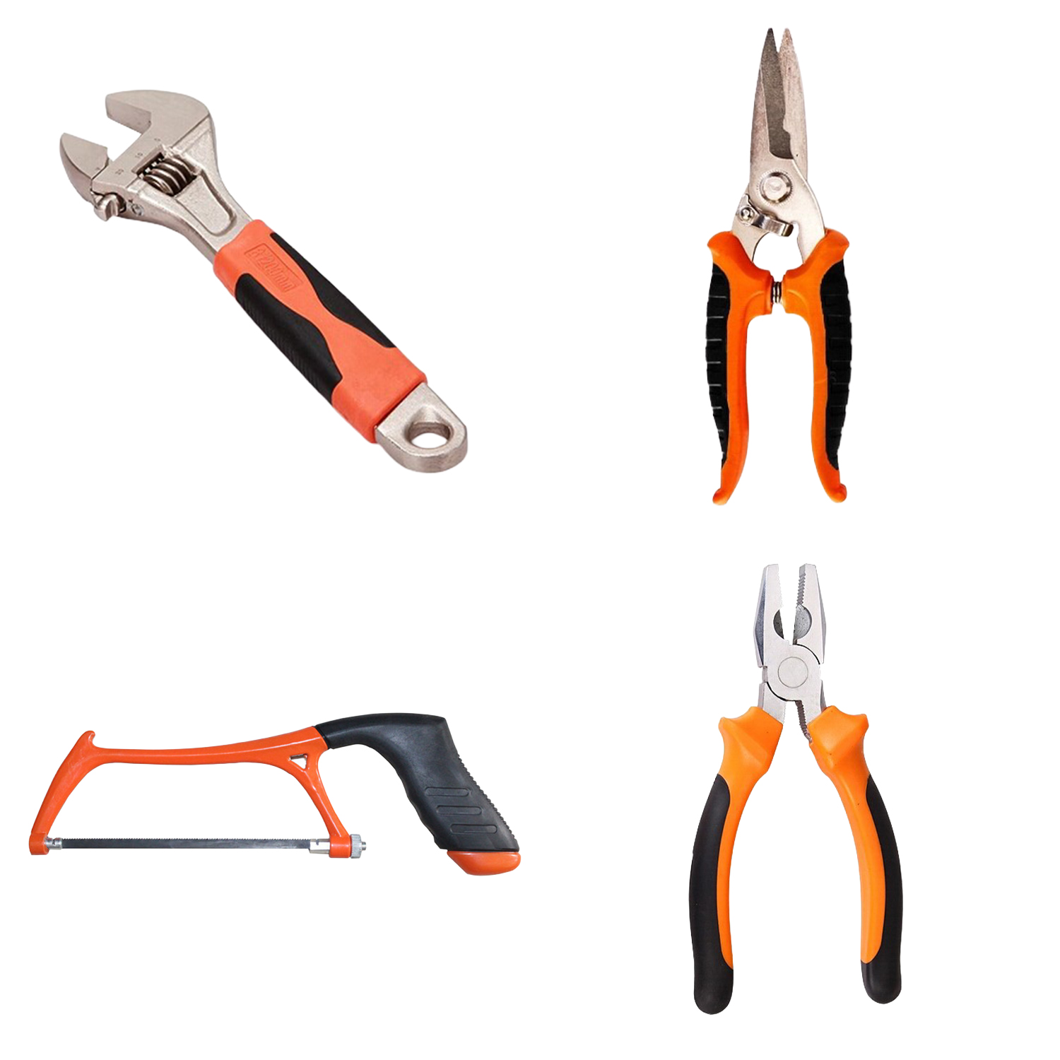 Cuatro herramientas: llave inglesa ajustable, tijeras, serrucho y alicates, con mangos naranjas y negros.