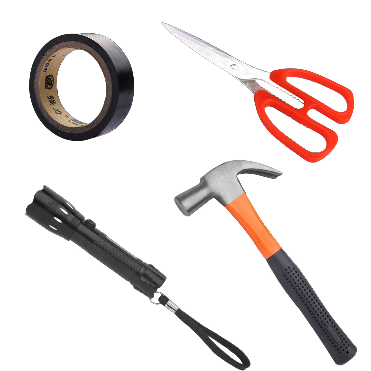 Un rollo de cinta negra, tijeras rojas, linterna negra y un martillo naranja y negro.