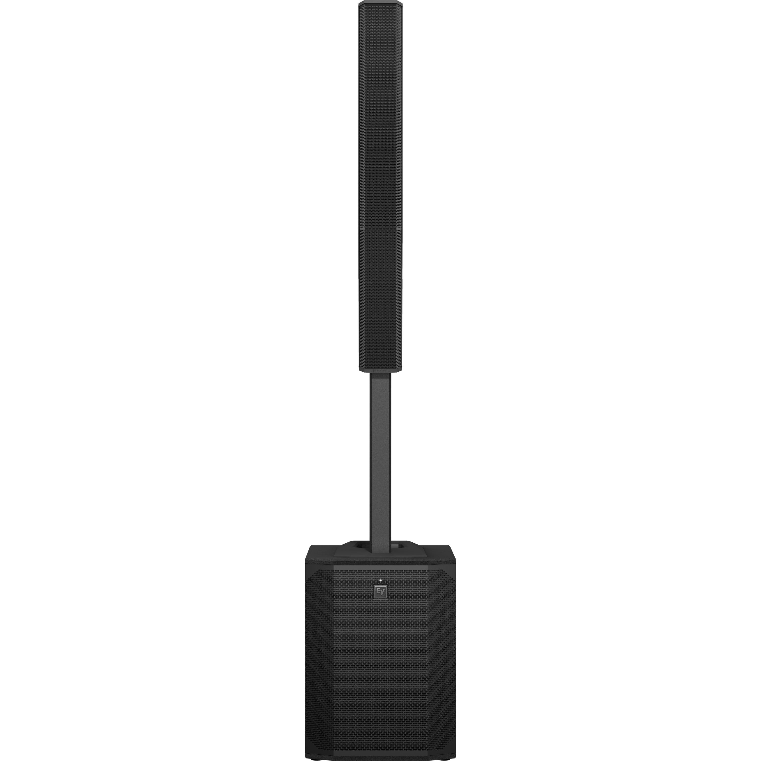A black EV column speaker system with a subwoofer base and a tall speaker column.