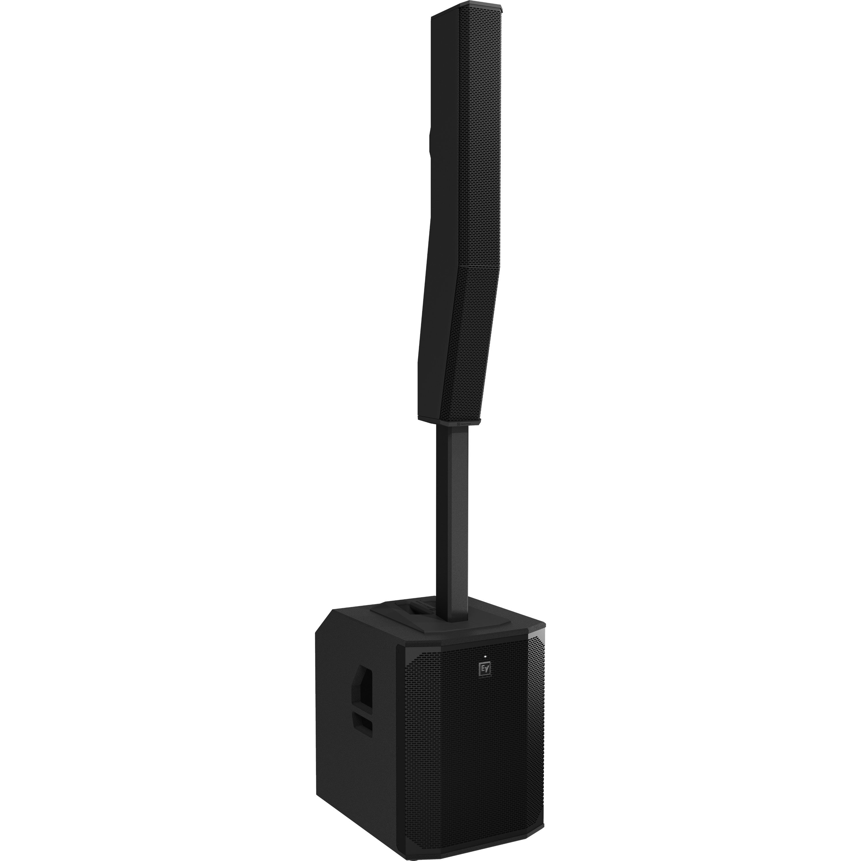 Black column speaker with subwoofer on a white background.