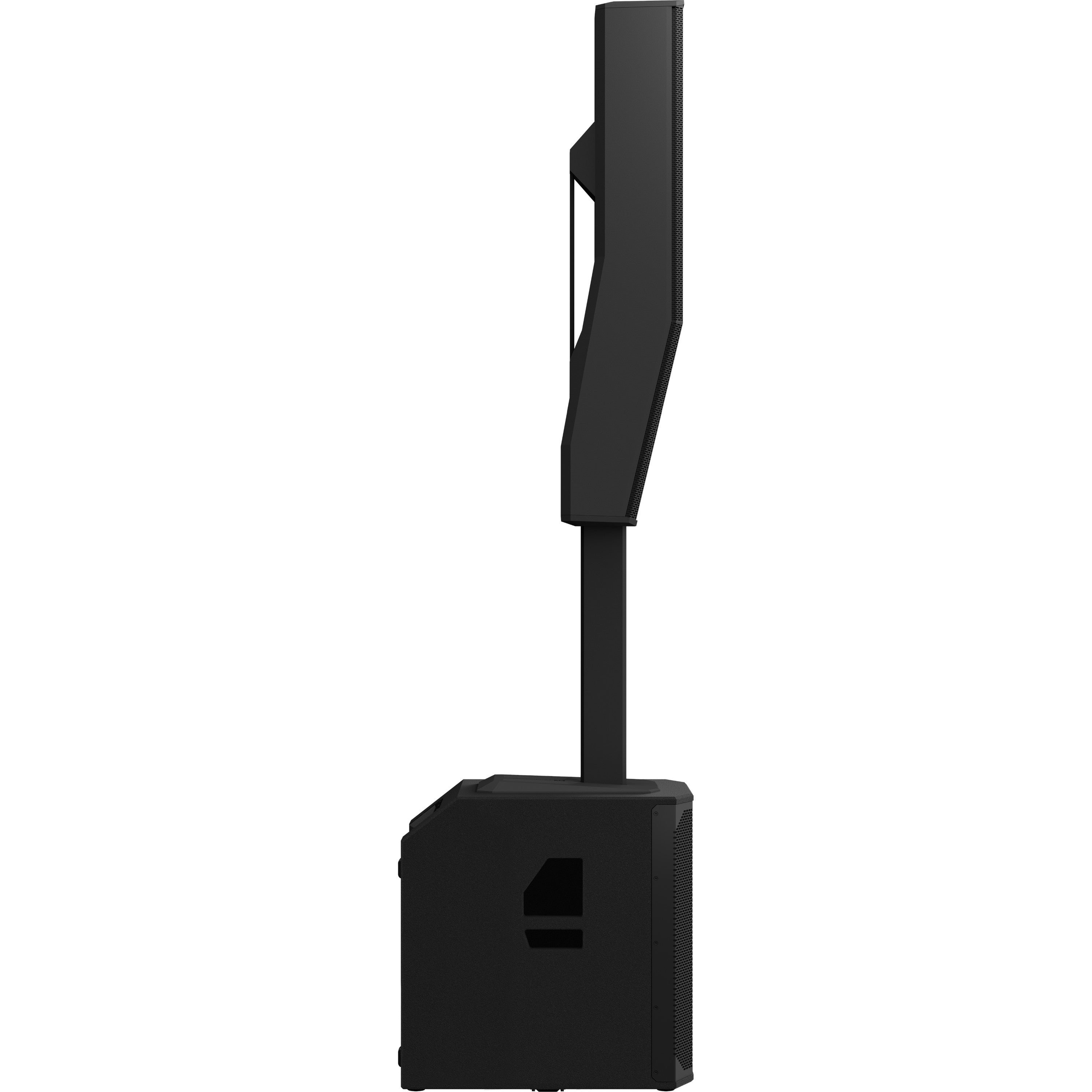 Black, upright speaker with subwoofer base and tall column.