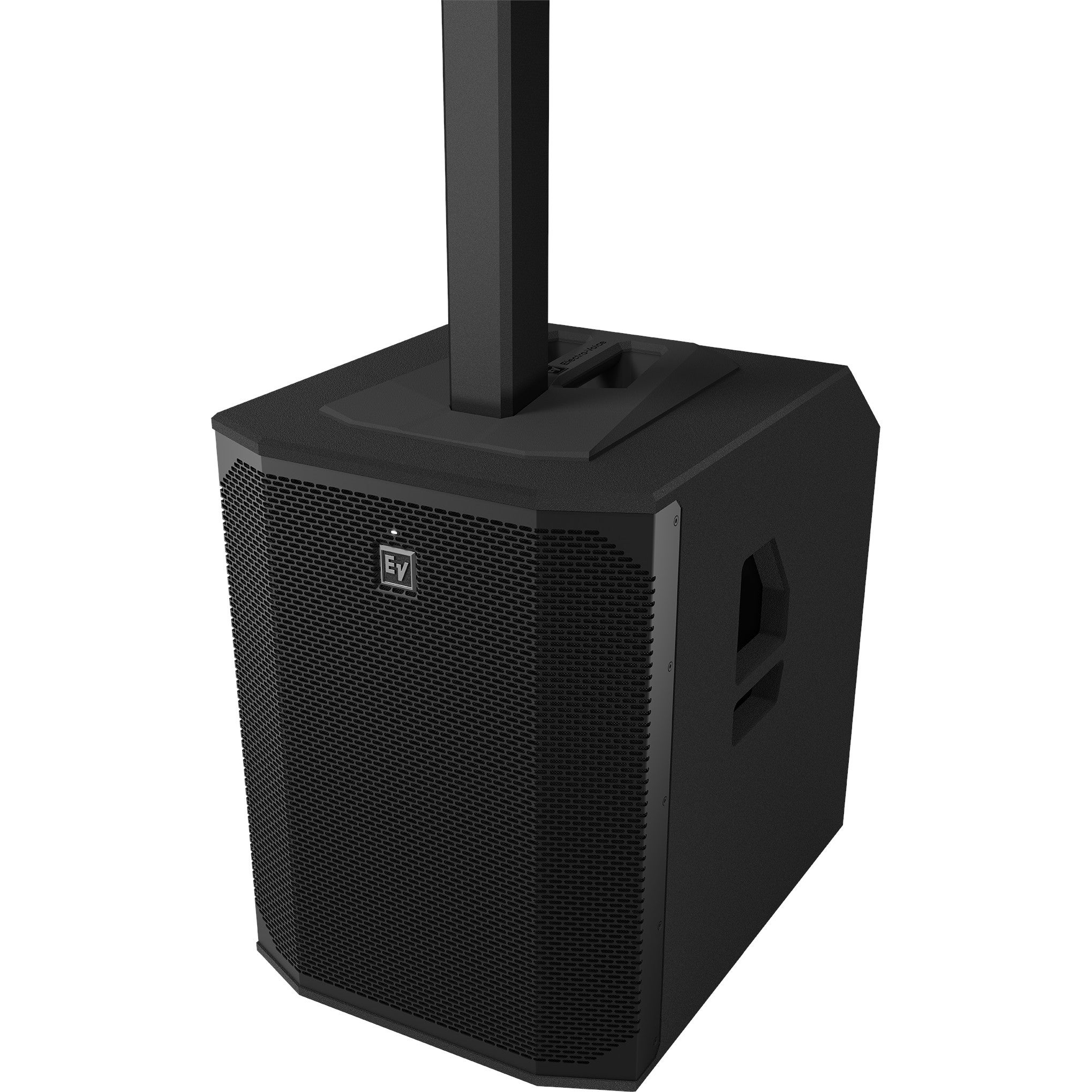 Black speaker with stand and EV logo on the front.