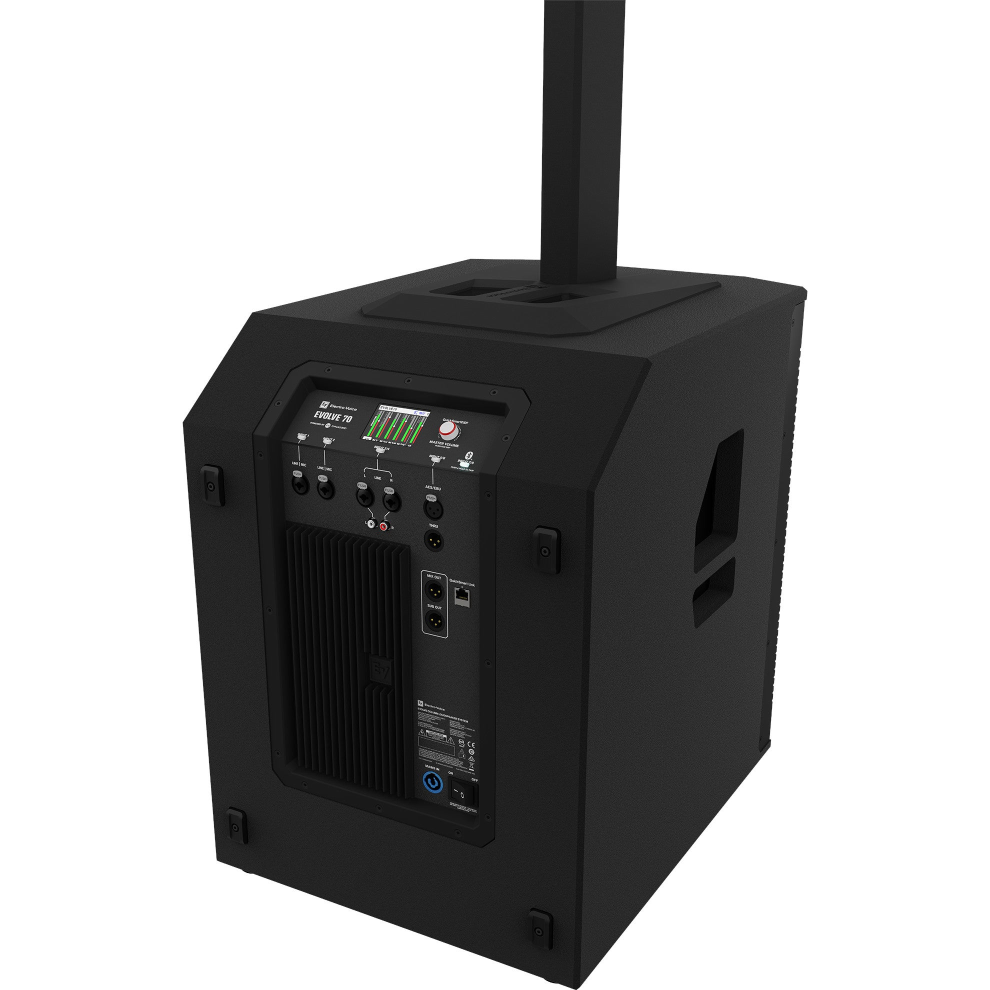 Black speaker with vertical column element and control panel.