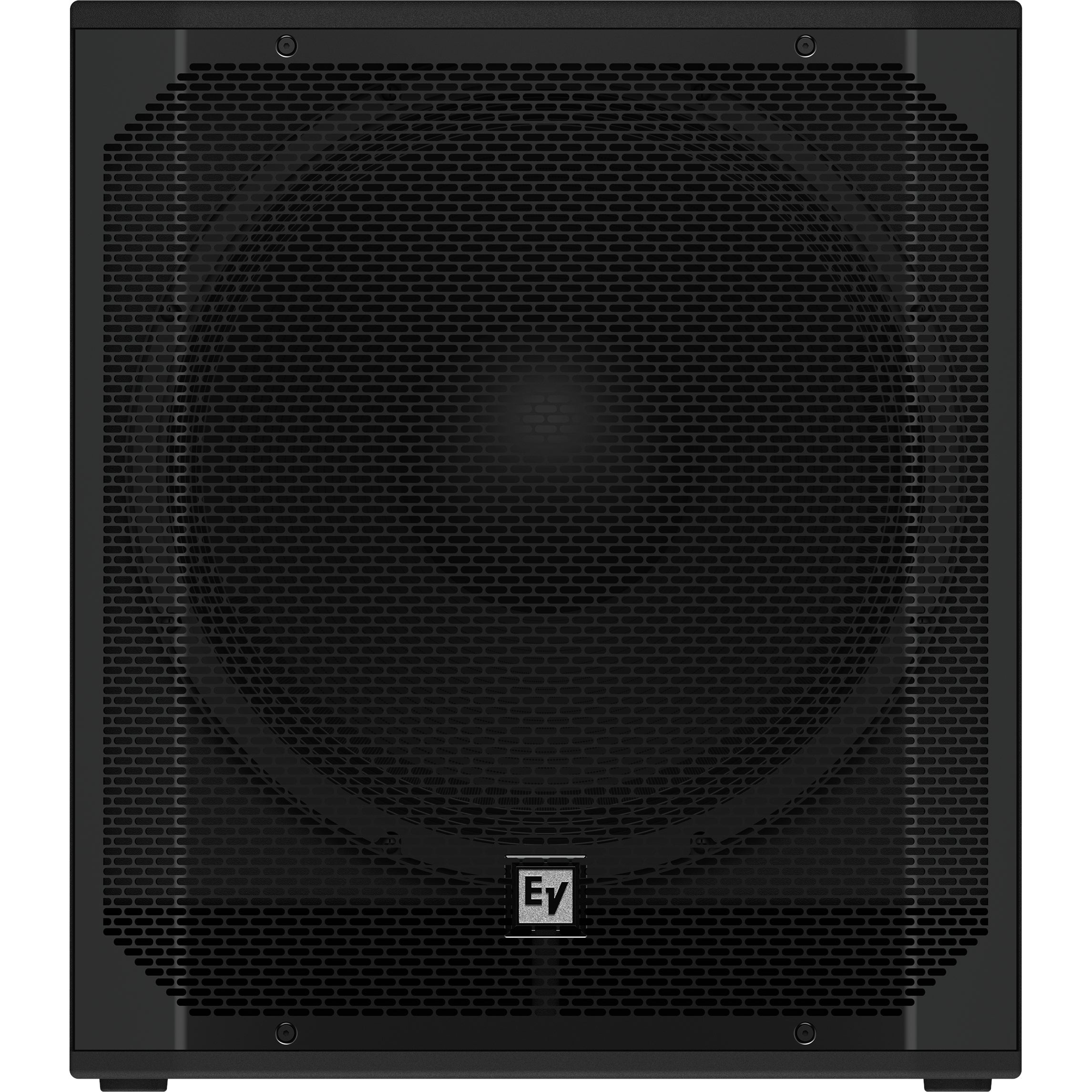 Black speaker with a black grille and a silver EV logo.
