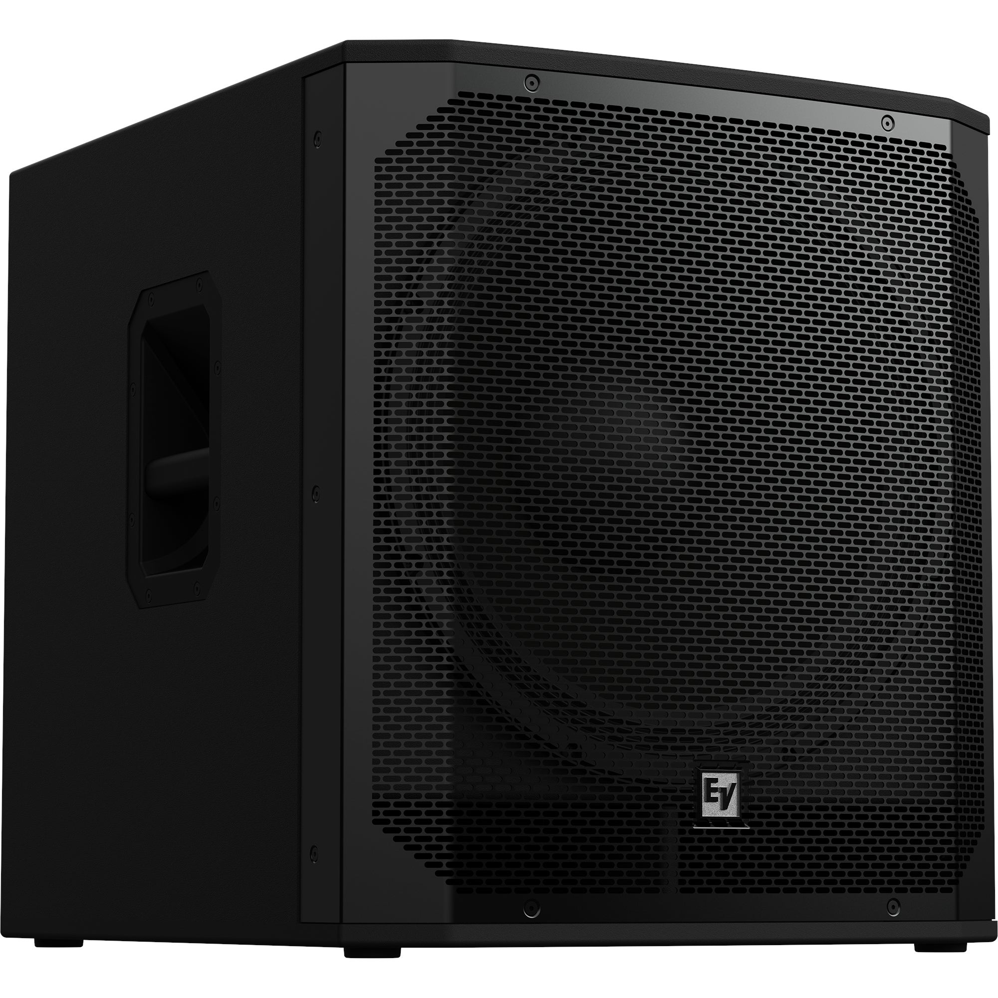 Black subwoofer with a grille front and side handle. Features an "EV" logo.