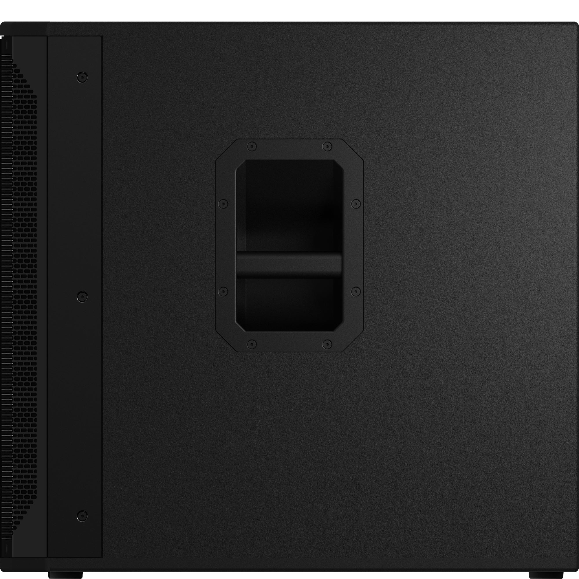 Black speaker with recessed handle and ventilation on the side.