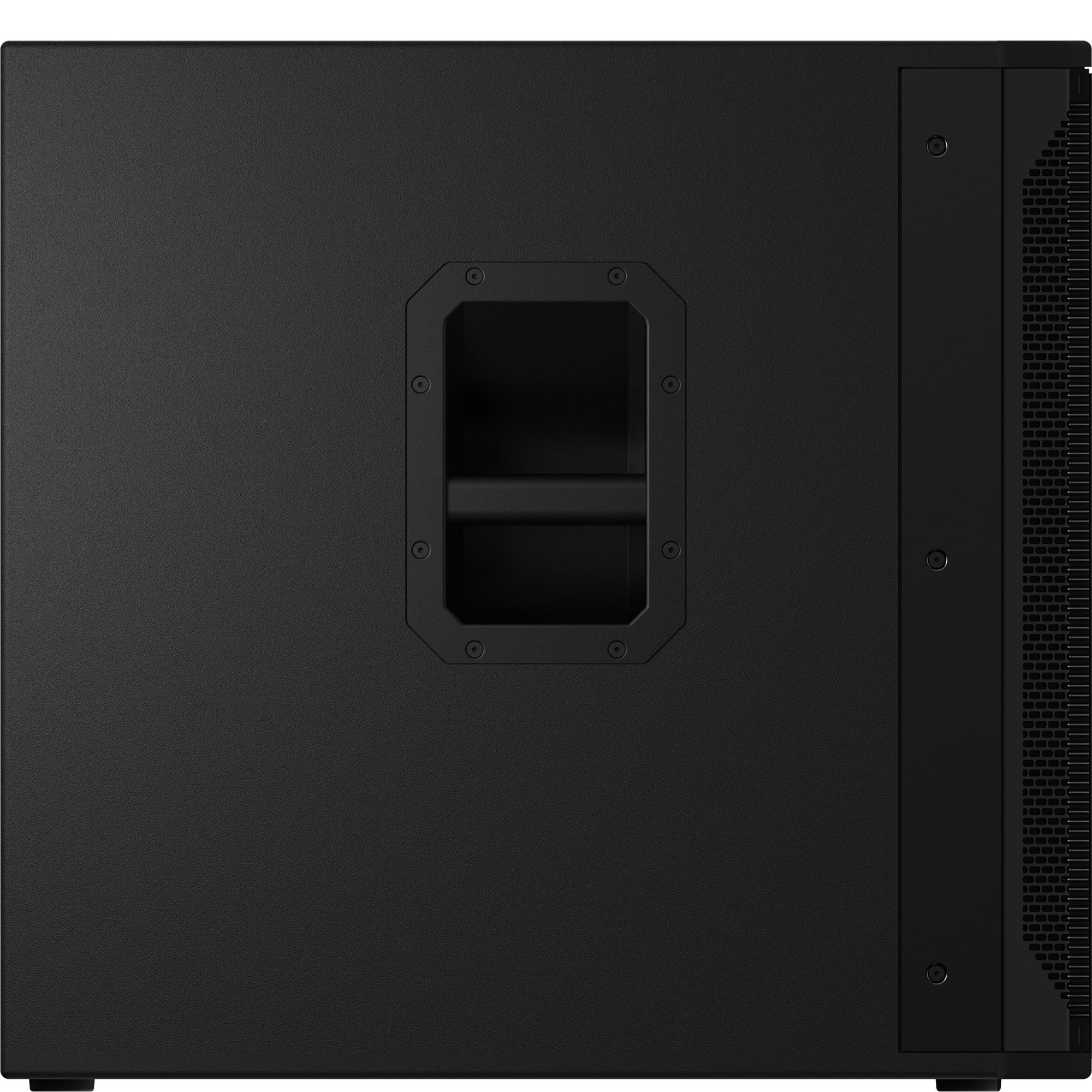 Black subwoofer with recessed handle and ventilation grille.