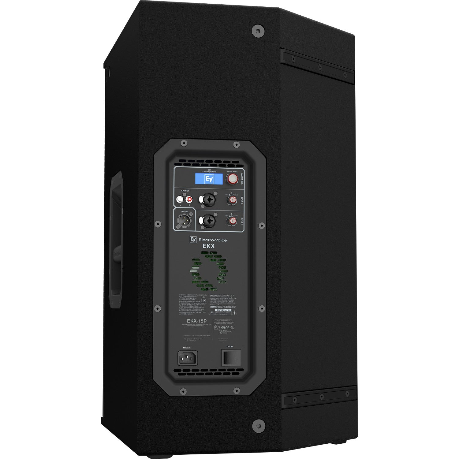 Black Electro-Voice EKX-15P speaker with rear panel inputs, knobs, and power switch.