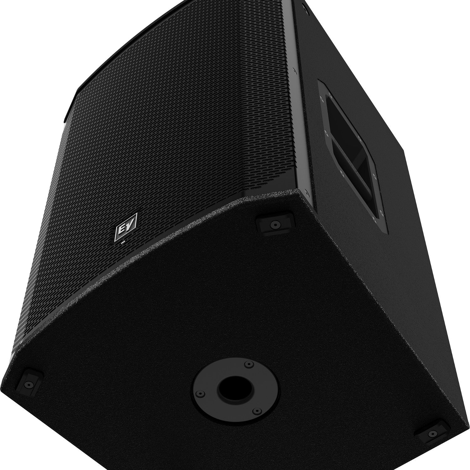 Black speaker with grille front and EV logo.