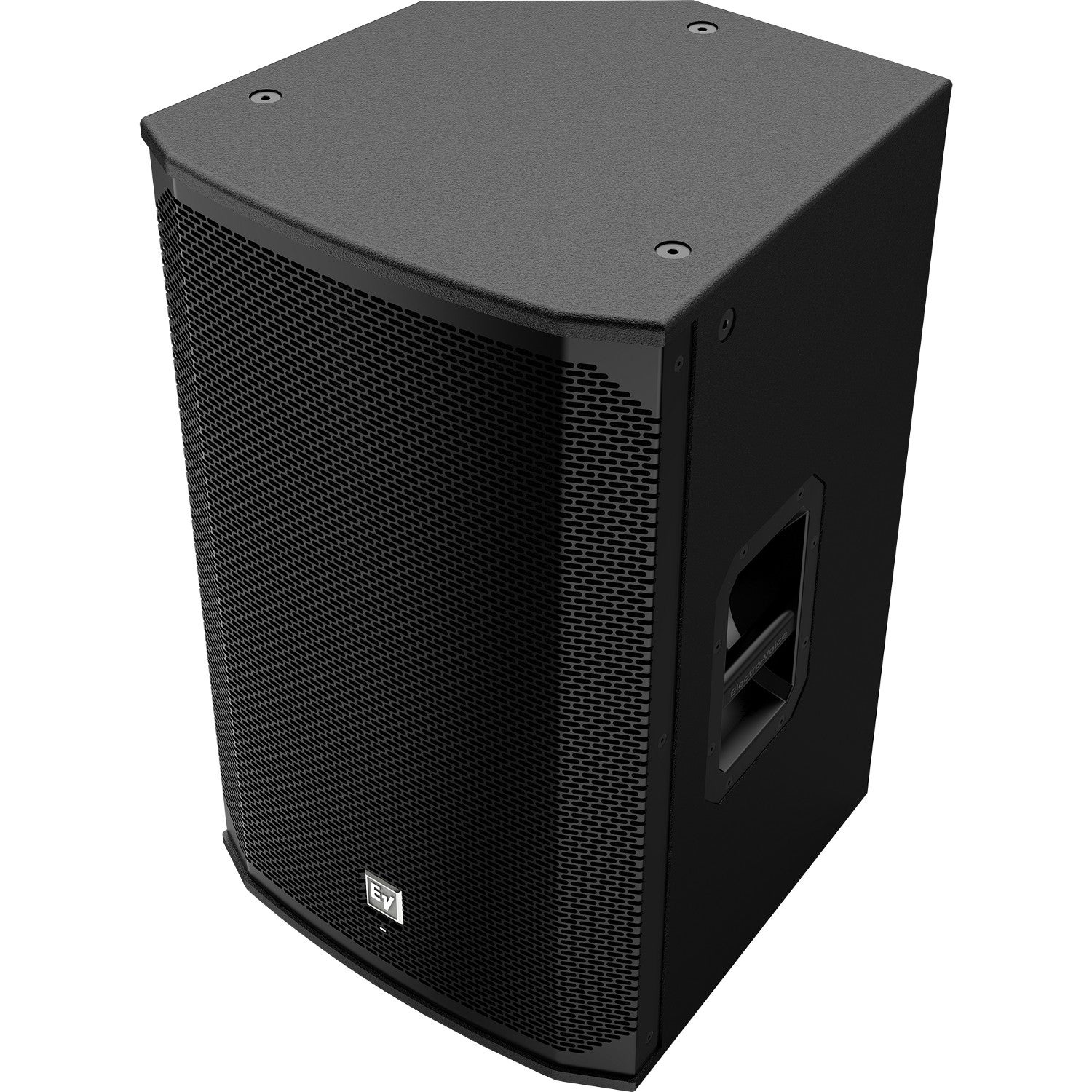 Black speaker with a grille front and a handle on the side.
