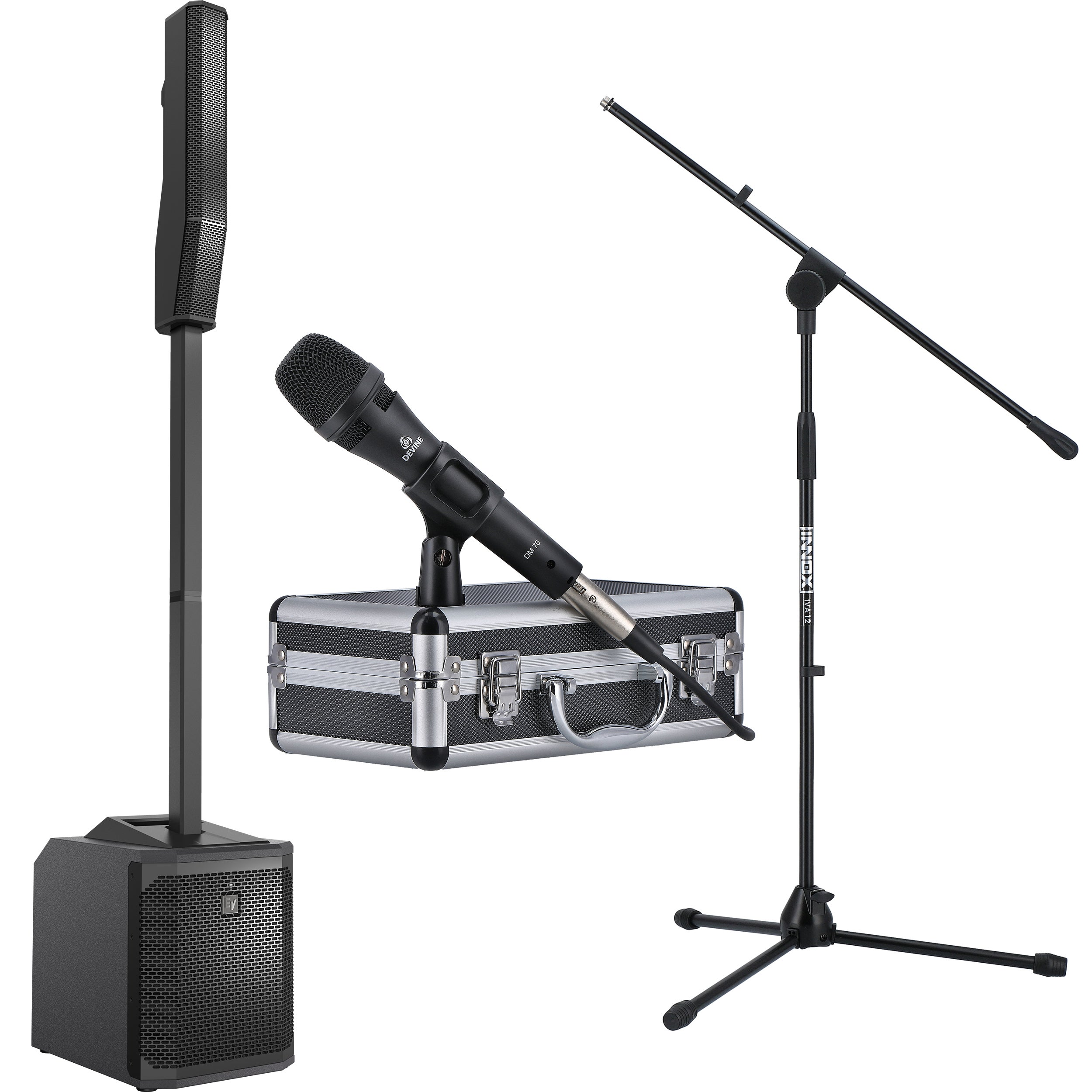 A black speaker, a microphone case with a microphone, and a microphone stand.