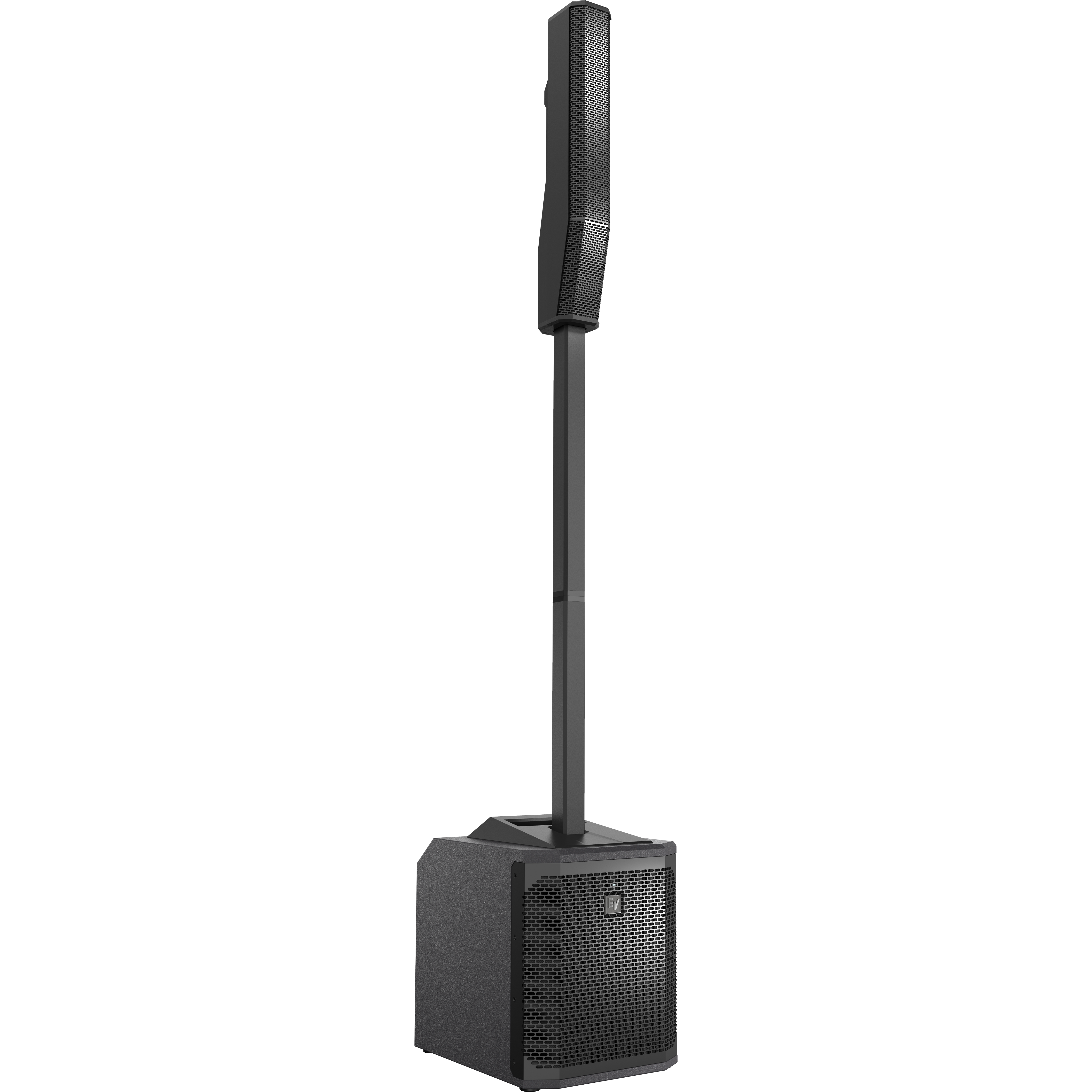 Black speaker tower with subwoofer base, on a black background.