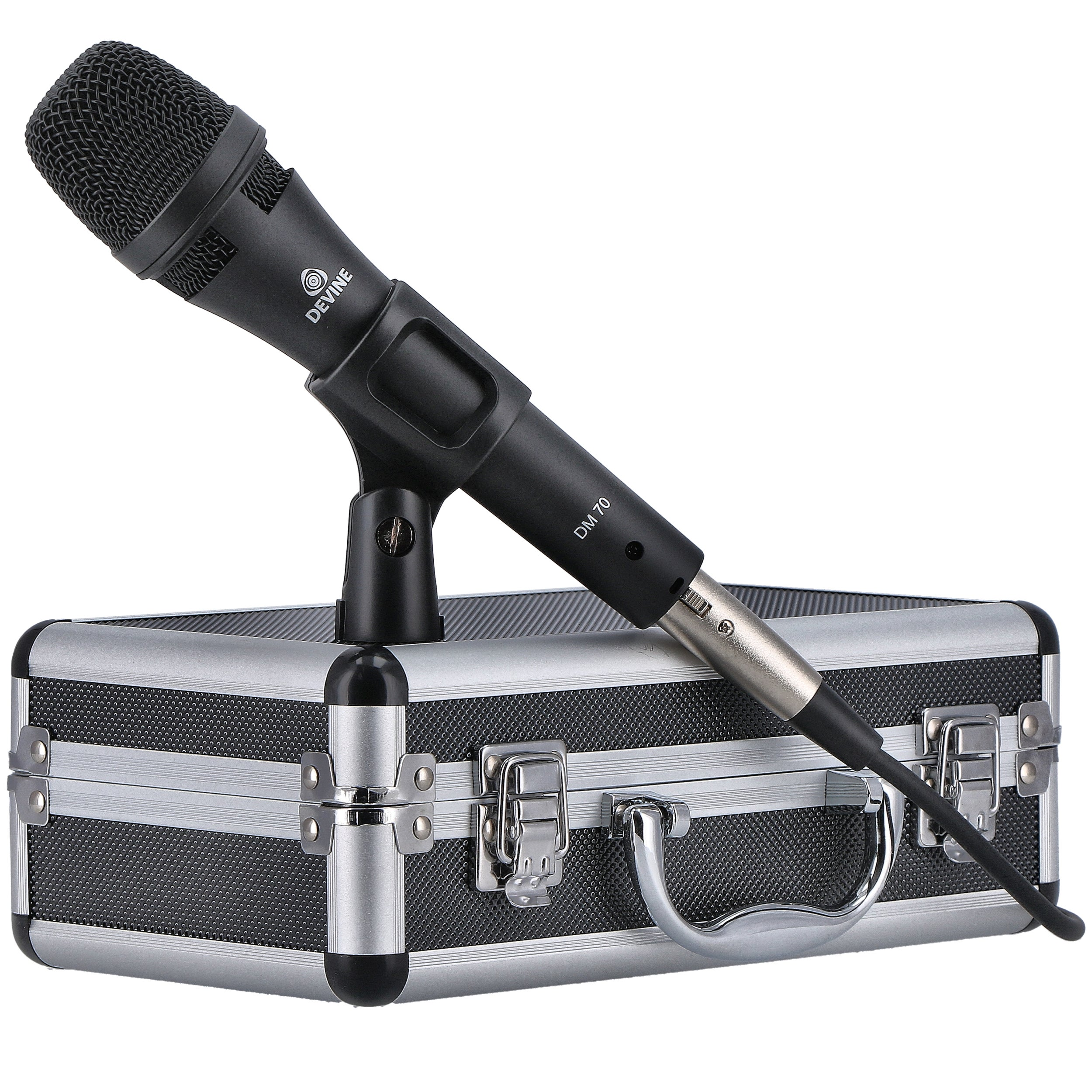 Black microphone with cable on a silver case with black accents.