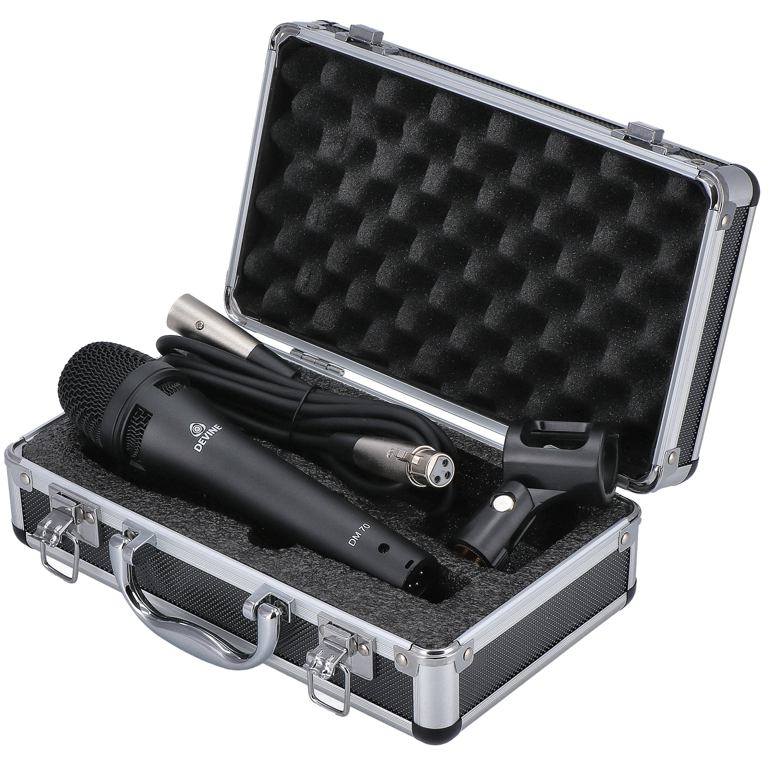 Black microphone set with cable and mount in a silver case with black foam lining.