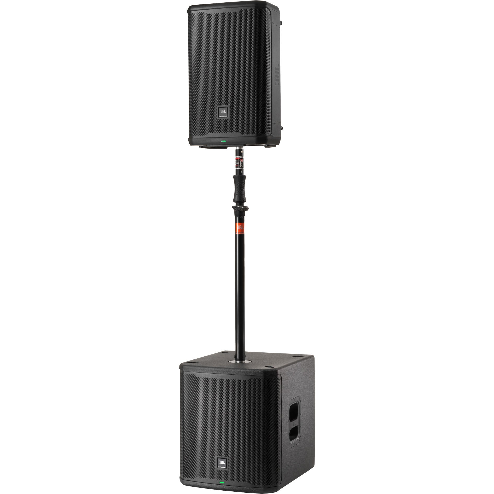 A black subwoofer sits on the floor, with a speaker on a stand atop it.