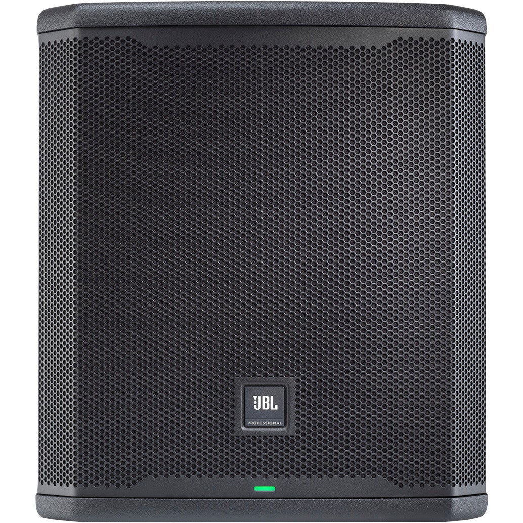 A black JBL Professional speaker with a honeycomb grill and a green light.