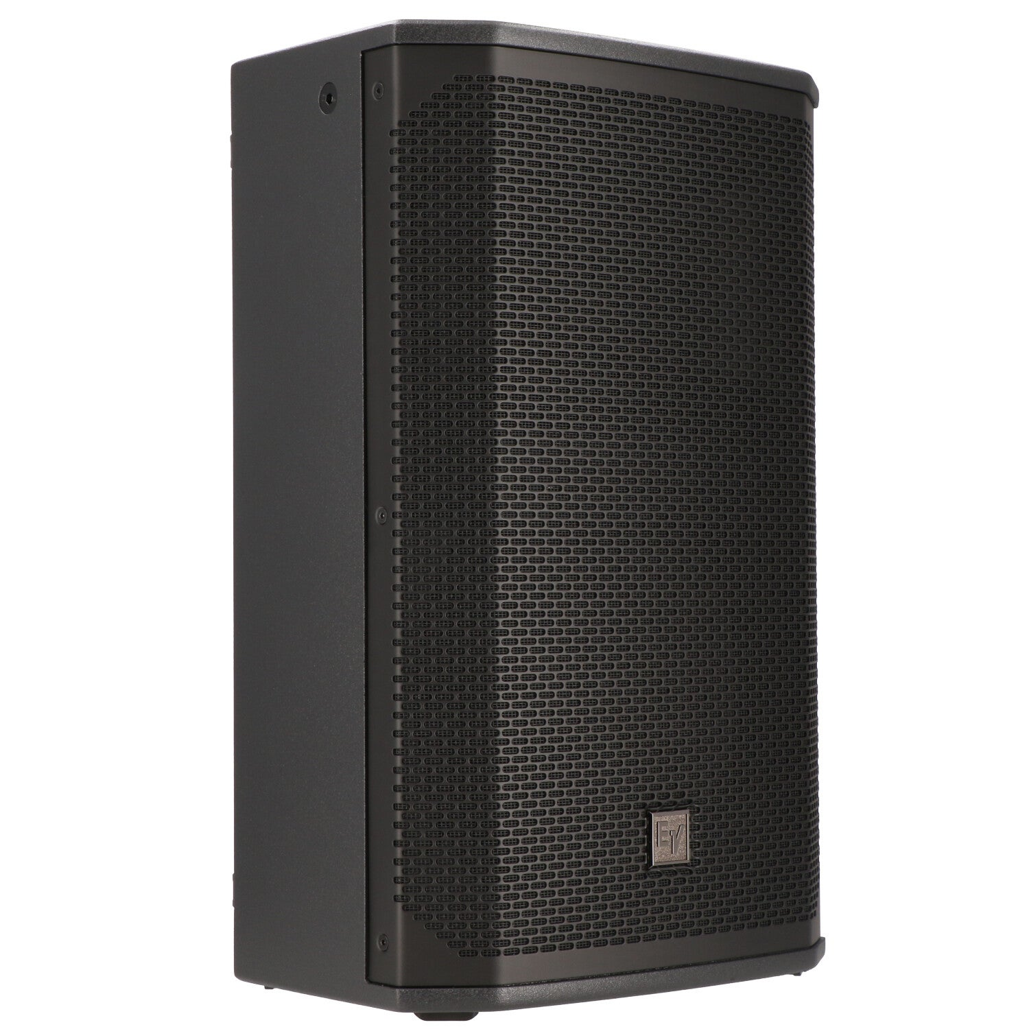 A black speaker with a grille on the front and a logo.