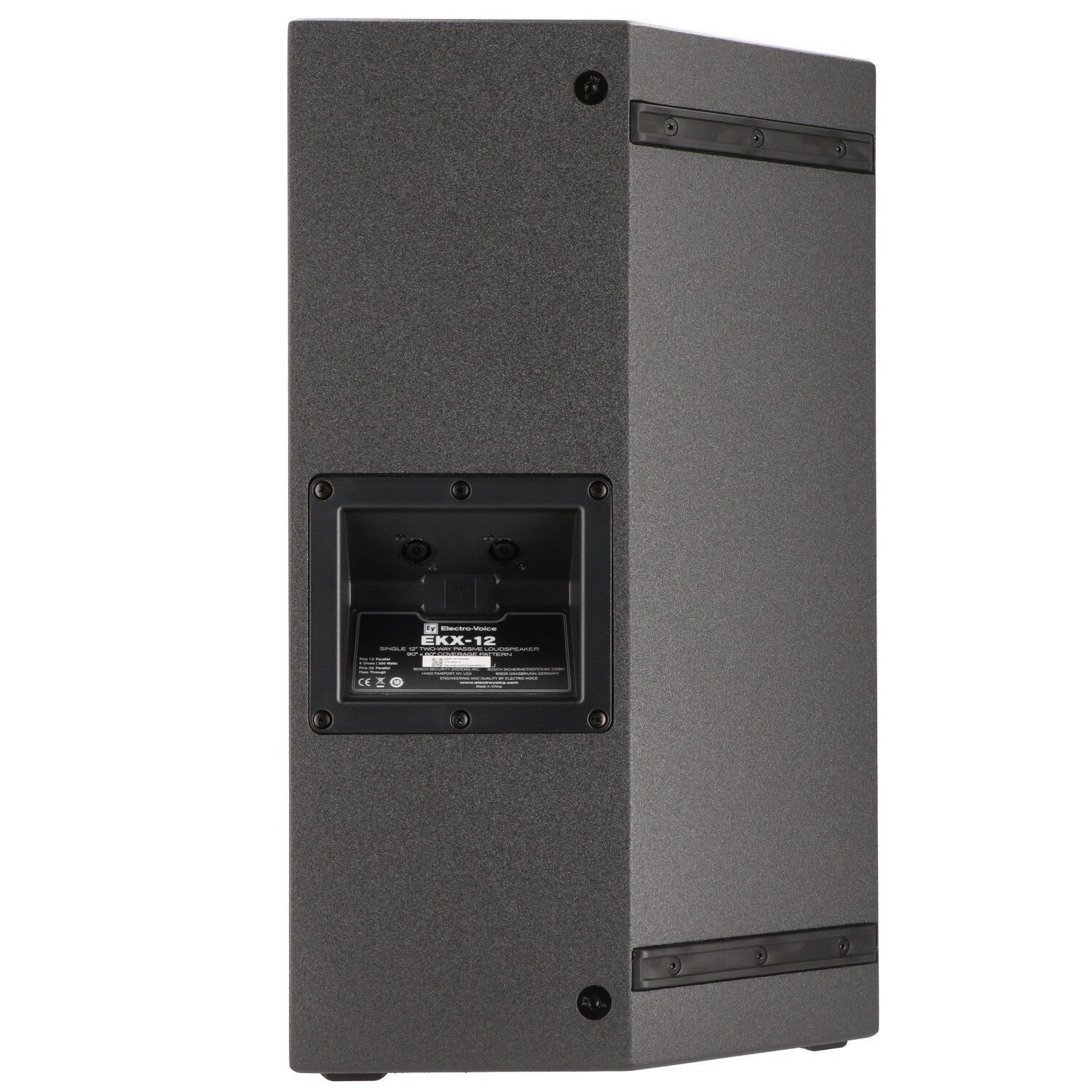 Gray speaker with a data plate and connections on the back.