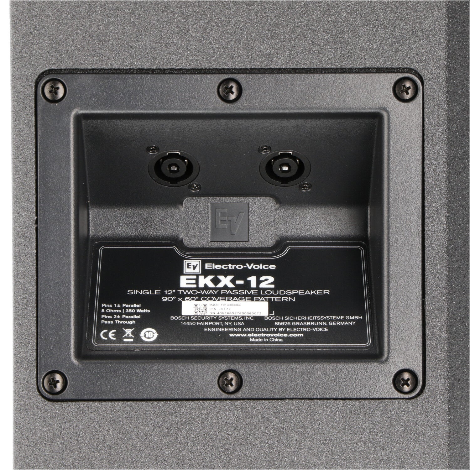 Rear of a black EV EKX-12 loudspeaker showing input connectors and label.