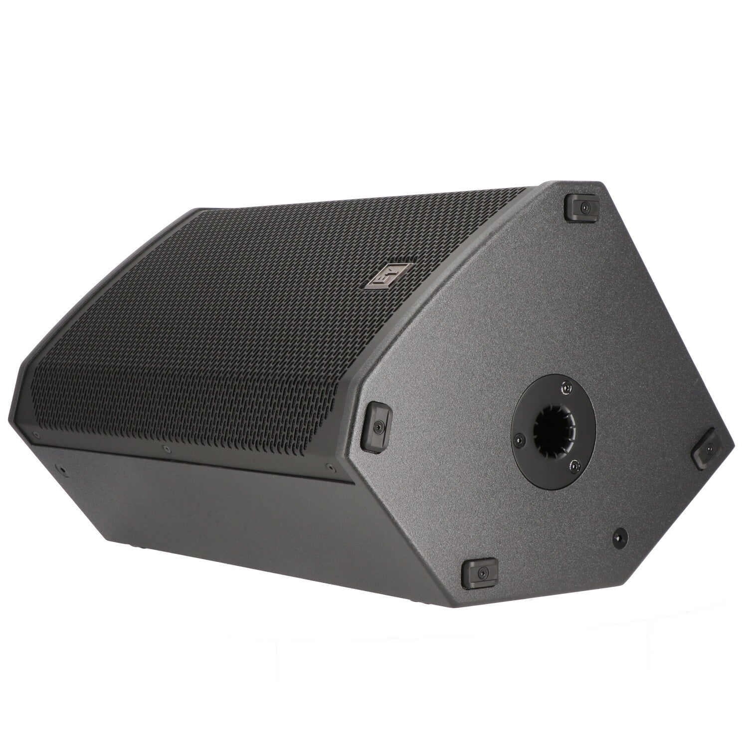 A black angled speaker with a mesh front and a circular socket on the right side.