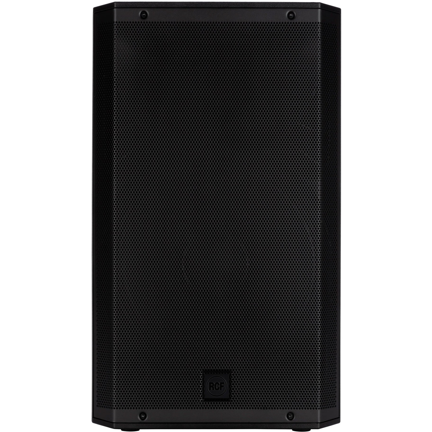 Black speaker with RCF logo on a white background.