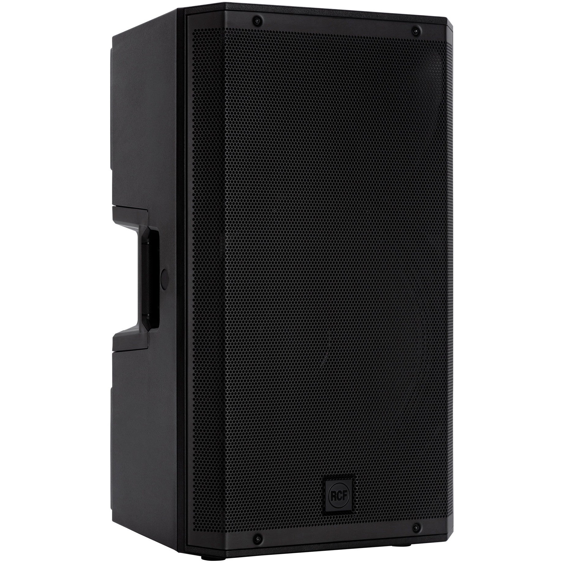 A black speaker with an RCF logo on a white background.
