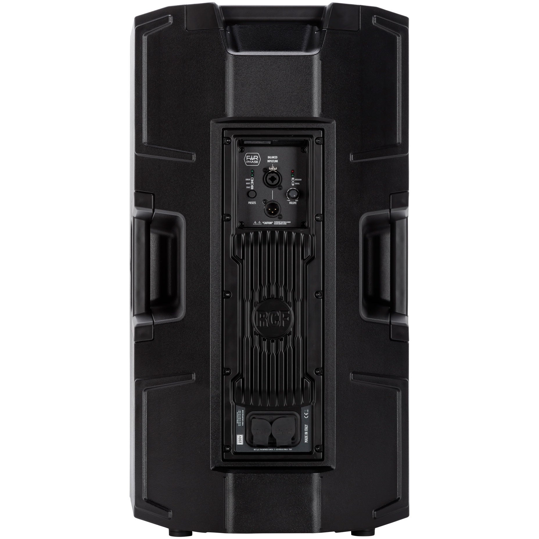 Back view of a black speaker with ports, knobs, and handles.