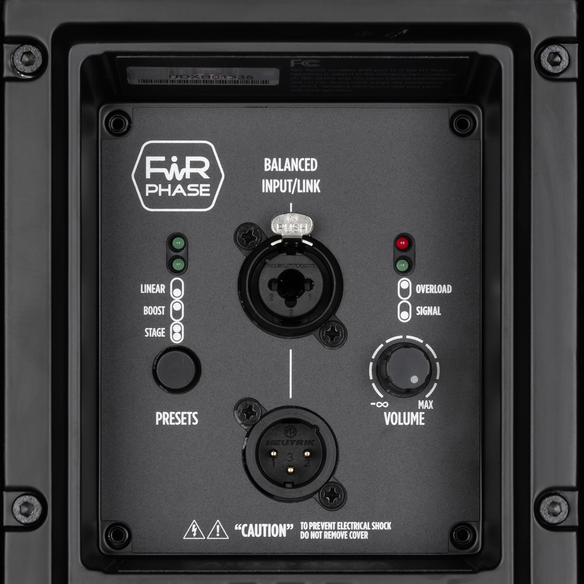 Audio device rear panel with inputs, outputs, and controls.