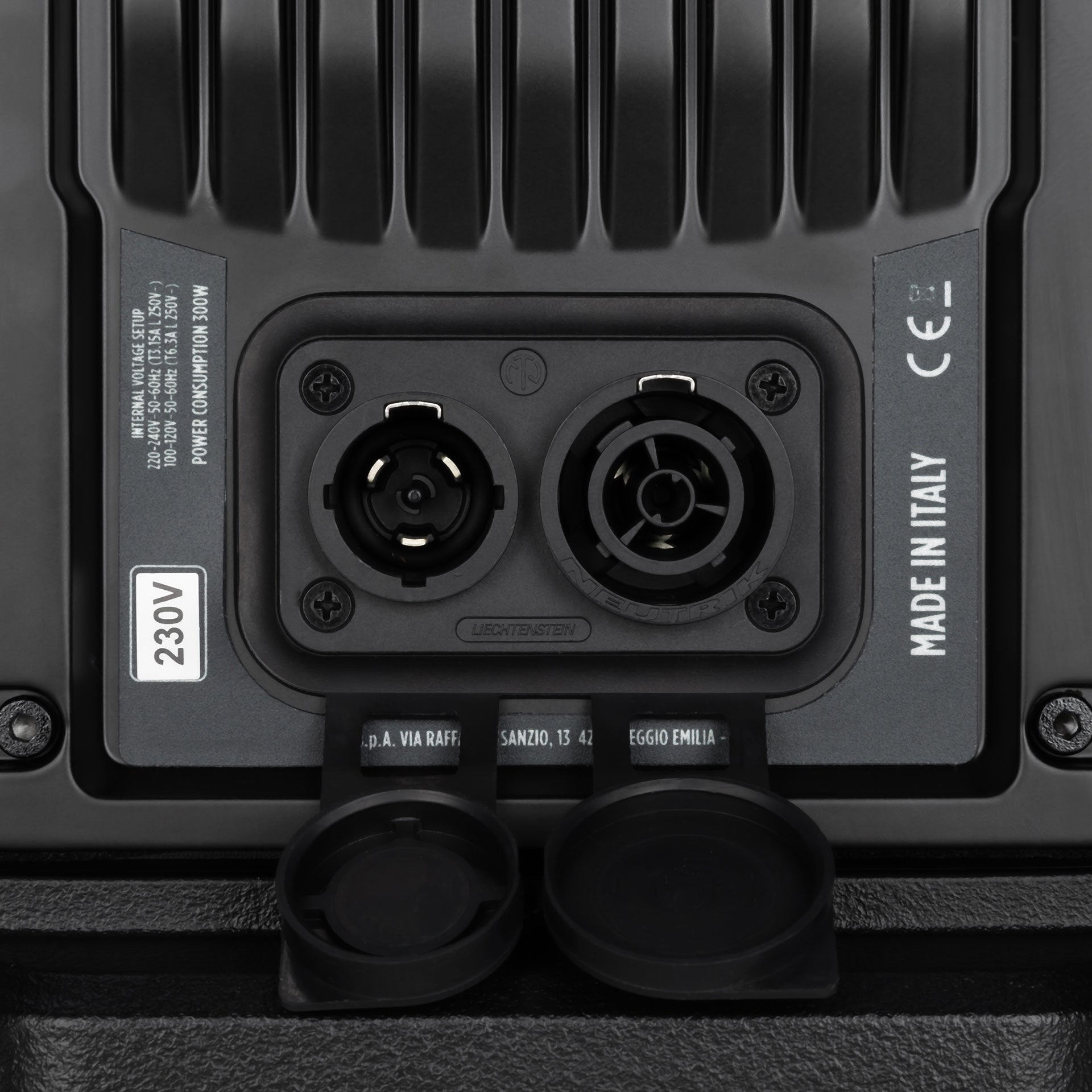 Back of a black speaker with connectors and labeling.