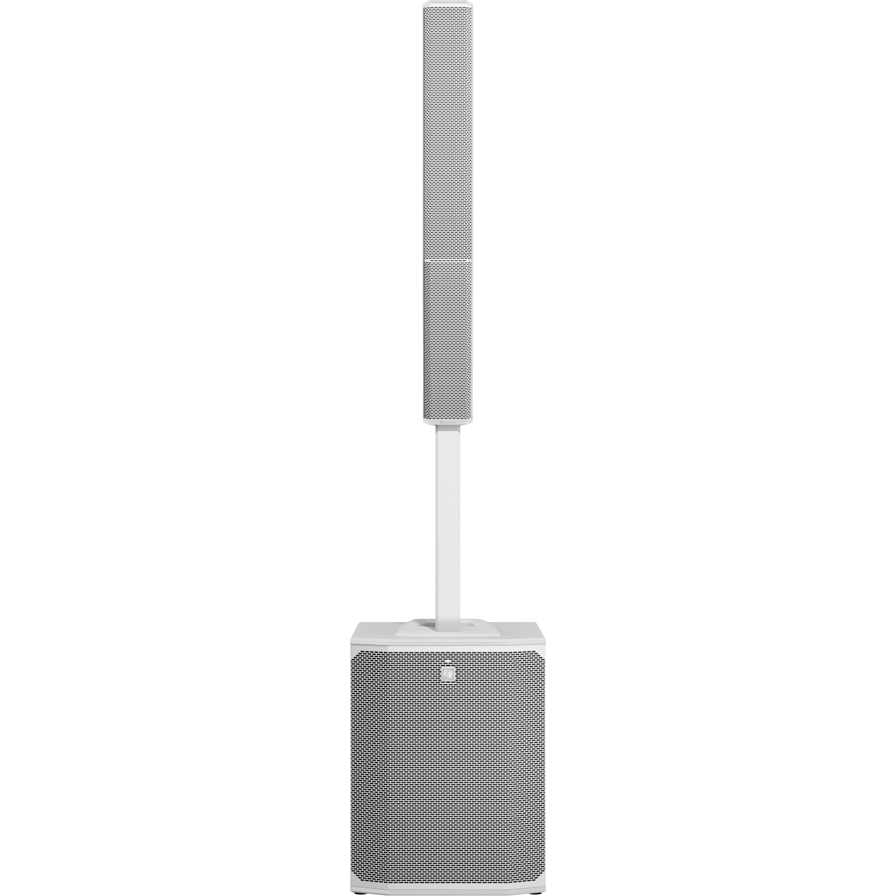 A white column speaker system with a bass cabinet and a tall, slender speaker tower.