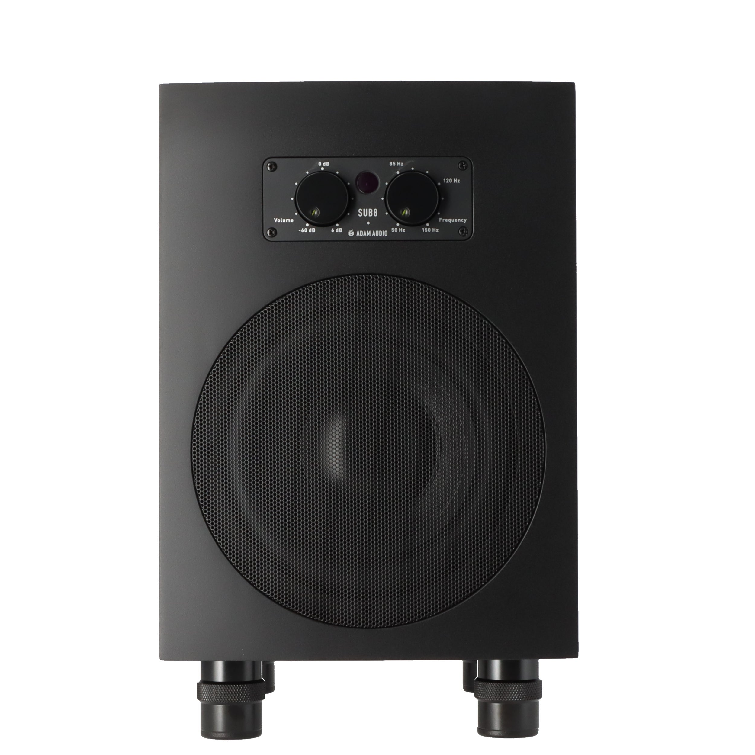 Black subwoofer with a front grille and control panel on top.