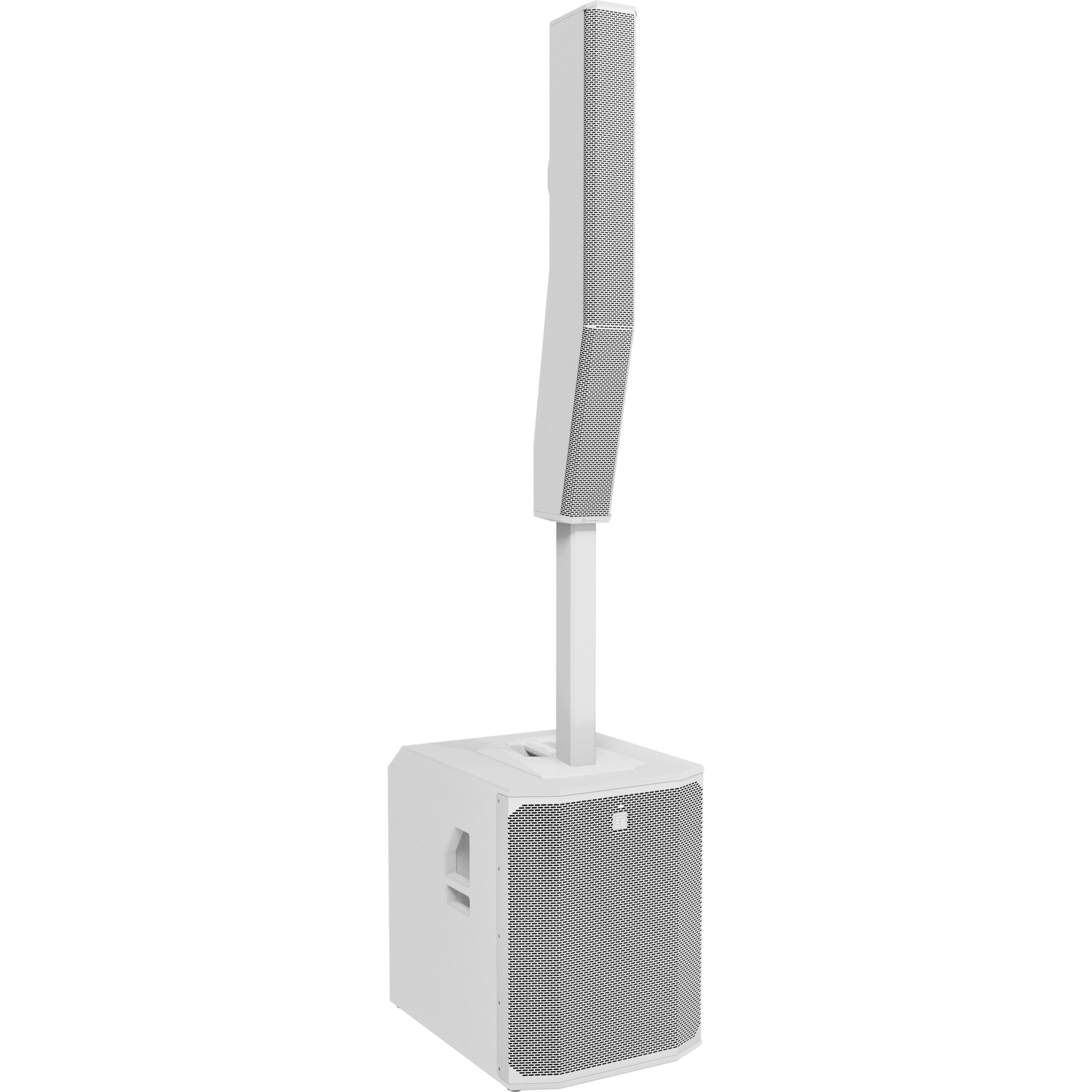 A white speaker tower with a subwoofer and column.
